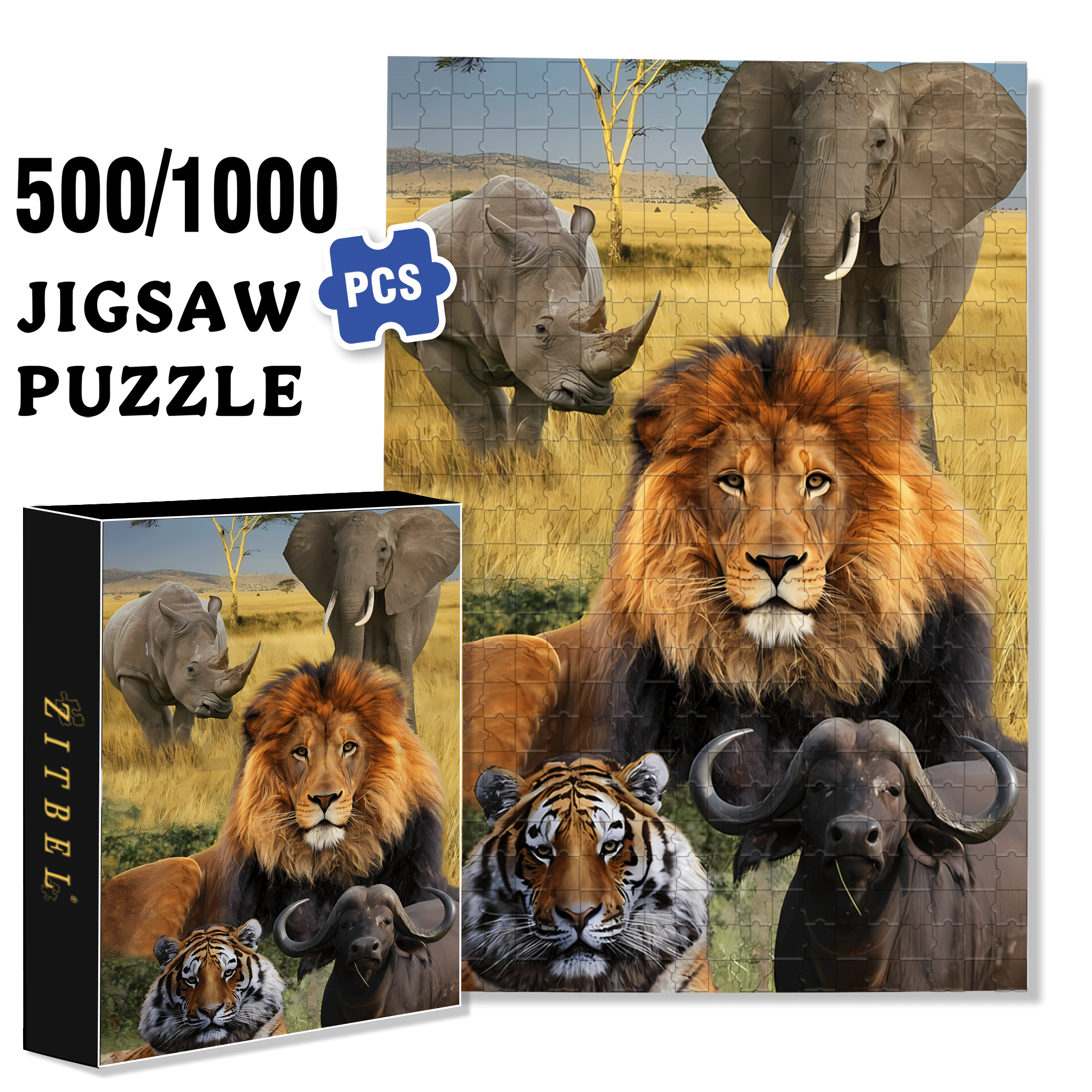 The African Big Five 500pcs/1000pcs Jigsaw Puzzle, Scratch-Resistant, Interactive Family Game & Brain-Boosting DIY Decor, Perfect for Halloween, Christmas & New Year Gifts, Family Puzzle Game