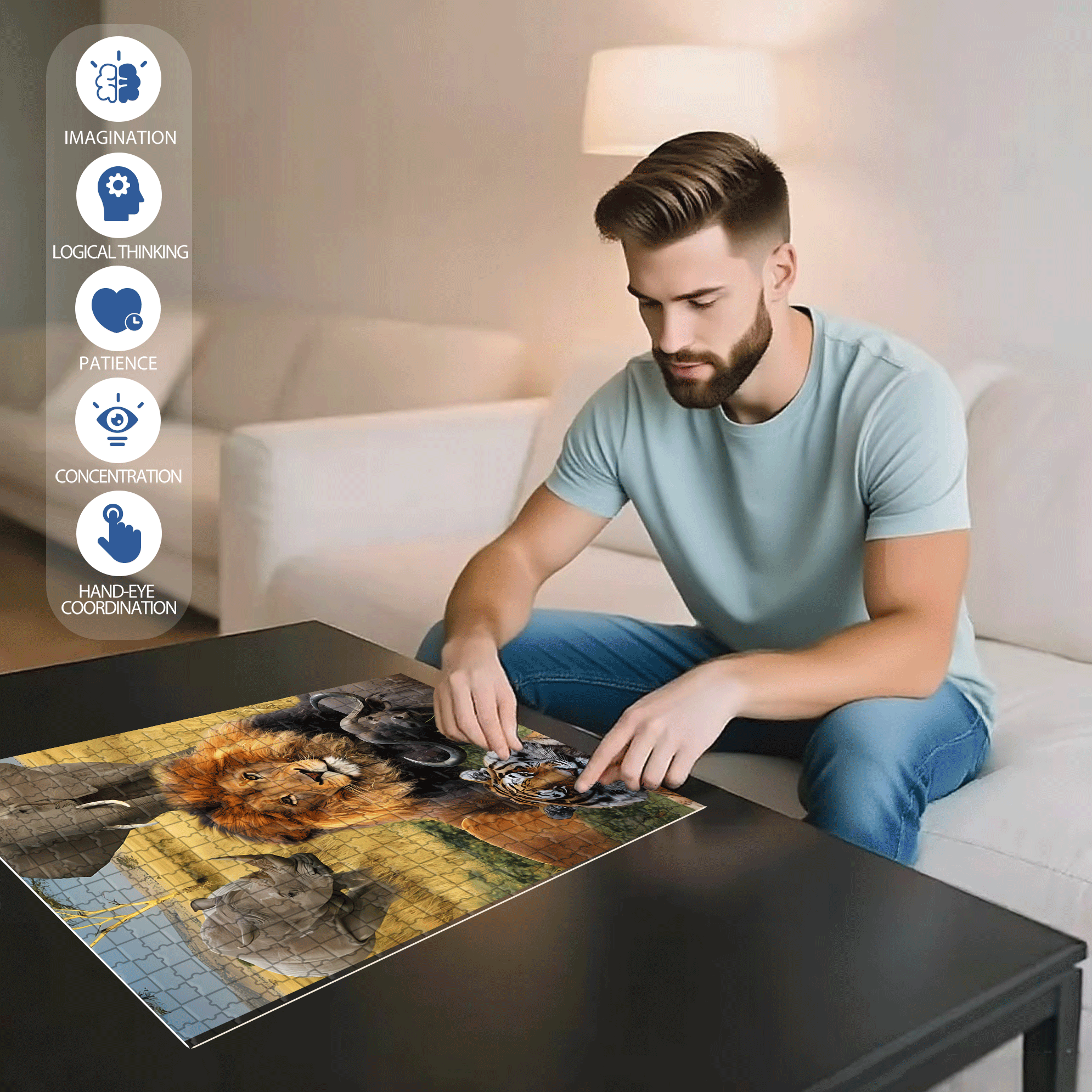 The African Big Five 500pcs/1000pcs Jigsaw Puzzle, Scratch-Resistant, Interactive Family Game & Brain-Boosting DIY Decor, Perfect for Halloween, Christmas & New Year Gifts, Family Puzzle Game