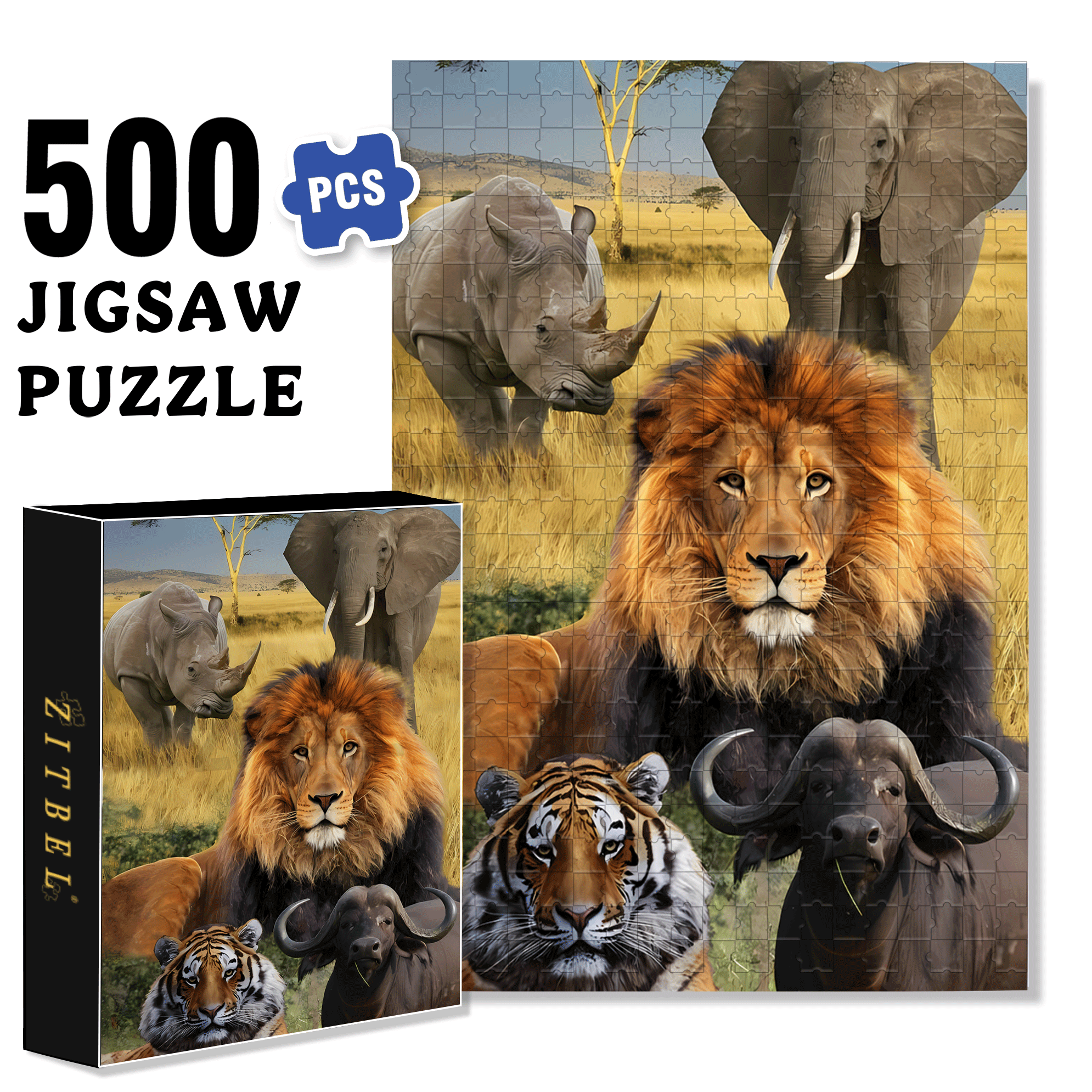 The African Big Five 500pcs/1000pcs Jigsaw Puzzle, Scratch-Resistant, Interactive Family Game & Brain-Boosting DIY Decor, Perfect for Halloween, Christmas & New Year Gifts, Family Puzzle Game