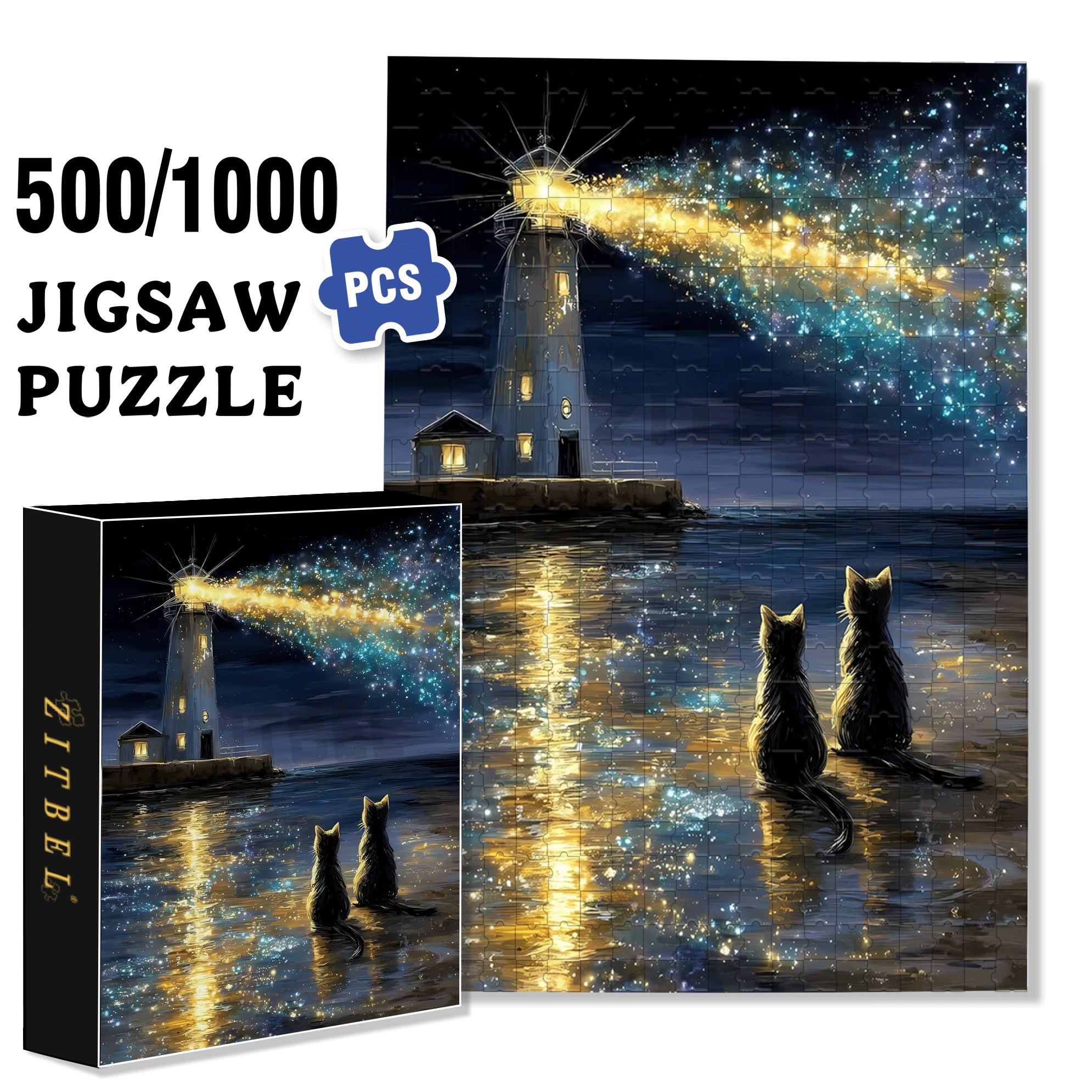 The Lighthouse And The Stargazing Cat 500pcs/1000pcs Jigsaw Puzzle, Scratch-Resistant, Interactive Family Game & Brain-Boosting DIY Decor, Perfect for Halloween, Christmas & New Year Gifts, Family Puzzle Game