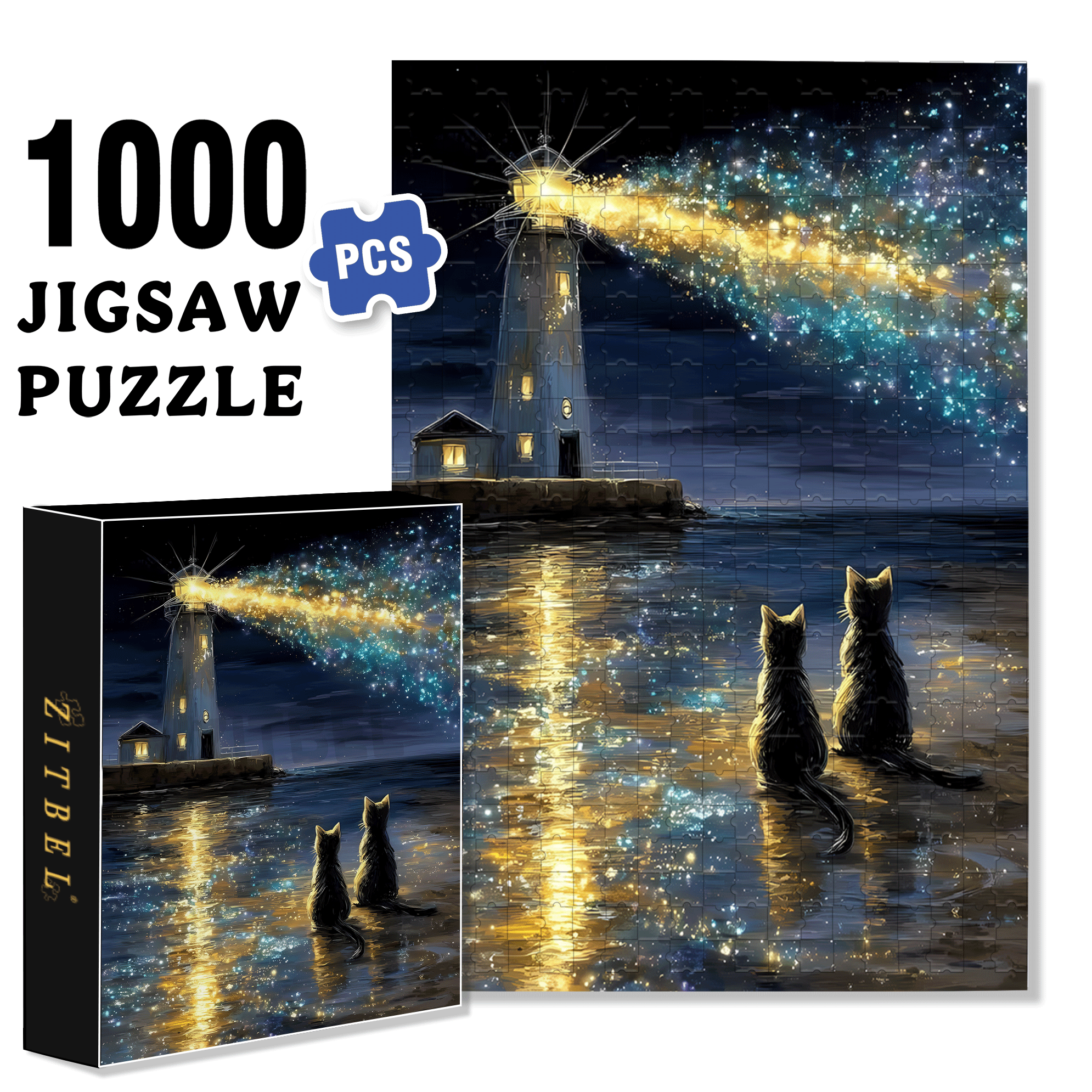 The Lighthouse And The Stargazing Cat 500pcs/1000pcs Jigsaw Puzzle, Scratch-Resistant, Interactive Family Game & Brain-Boosting DIY Decor, Perfect for Halloween, Christmas & New Year Gifts, Family Puzzle Game