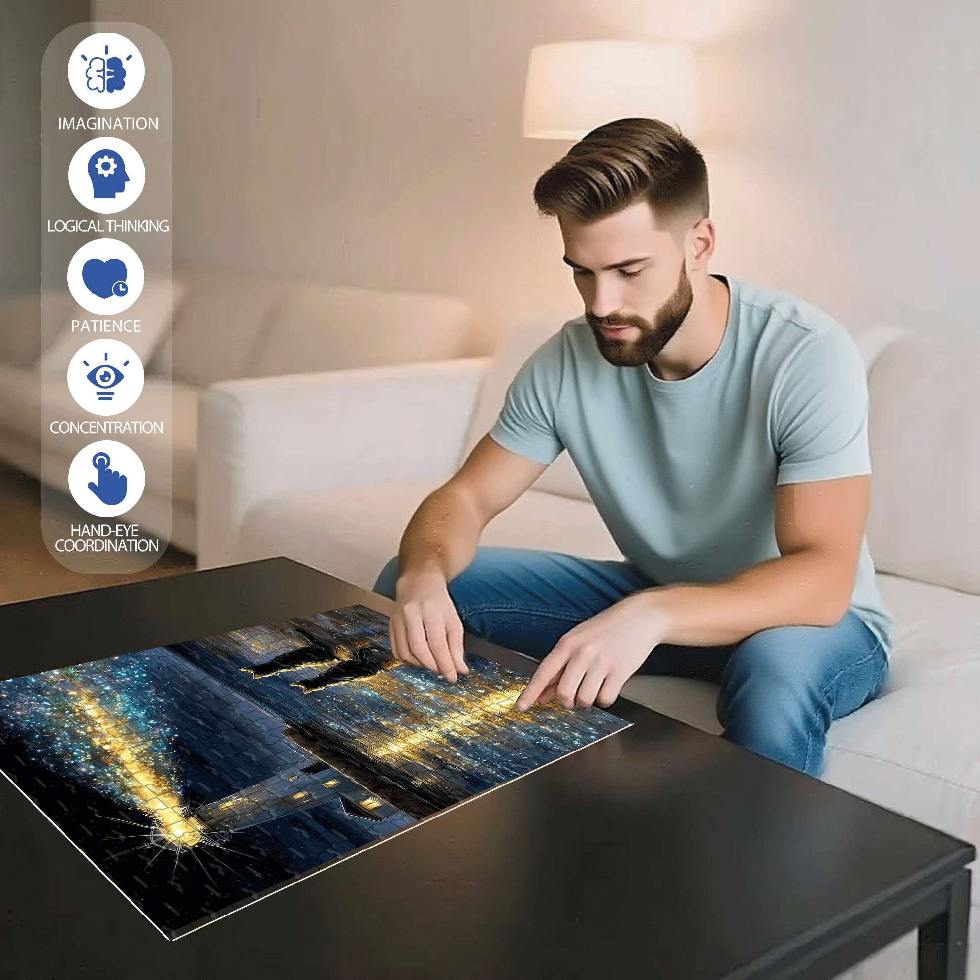 The Lighthouse And The Stargazing Cat 500pcs/1000pcs Jigsaw Puzzle, Scratch-Resistant, Interactive Family Game & Brain-Boosting DIY Decor, Perfect for Halloween, Christmas & New Year Gifts, Family Puzzle Game