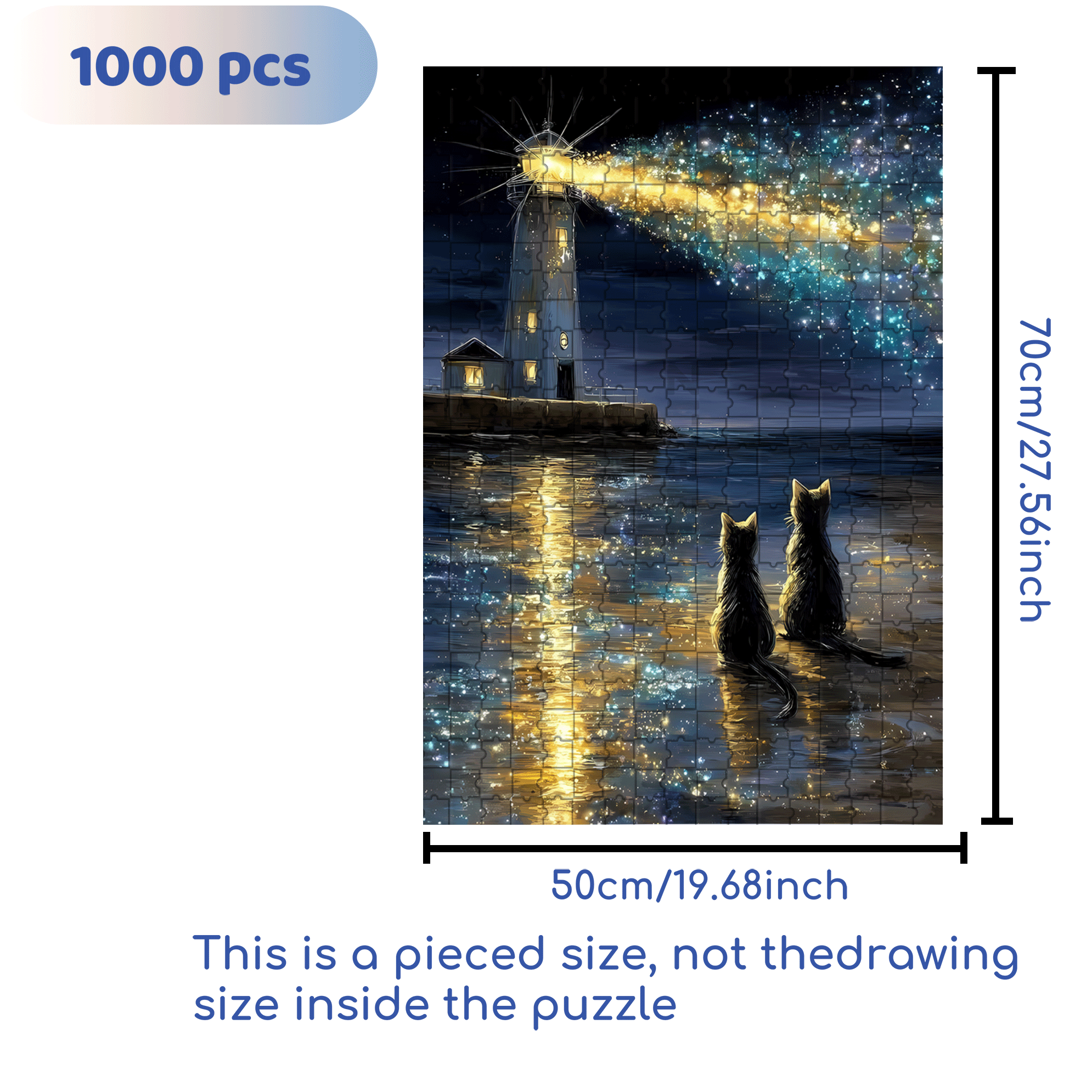 The Lighthouse And The Stargazing Cat 500pcs/1000pcs Jigsaw Puzzle, Scratch-Resistant, Interactive Family Game & Brain-Boosting DIY Decor, Perfect for Halloween, Christmas & New Year Gifts, Family Puzzle Game