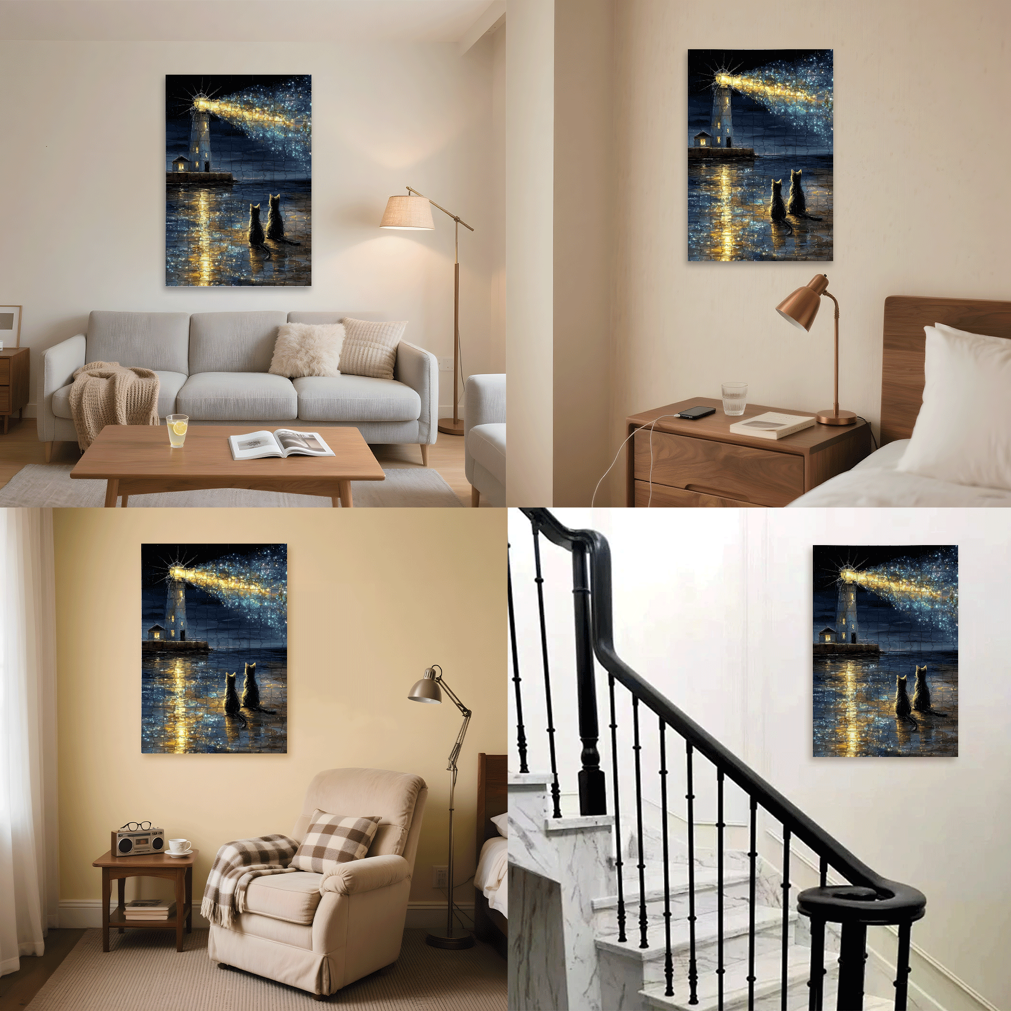 The Lighthouse And The Stargazing Cat 500pcs/1000pcs Jigsaw Puzzle, Scratch-Resistant, Interactive Family Game & Brain-Boosting DIY Decor, Perfect for Halloween, Christmas & New Year Gifts, Family Puzzle Game