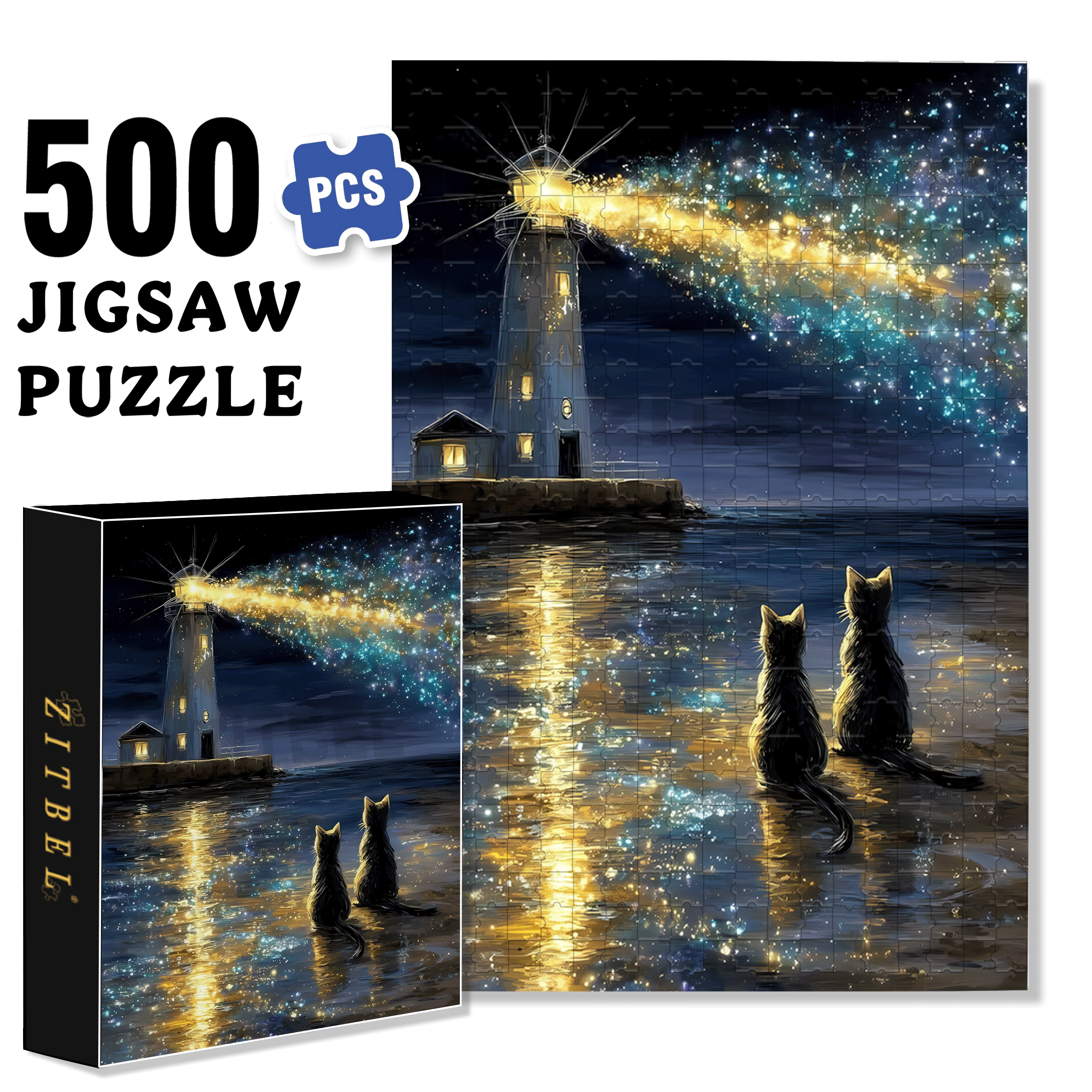 The Lighthouse And The Stargazing Cat 500pcs/1000pcs Jigsaw Puzzle, Scratch-Resistant, Interactive Family Game & Brain-Boosting DIY Decor, Perfect for Halloween, Christmas & New Year Gifts, Family Puzzle Game