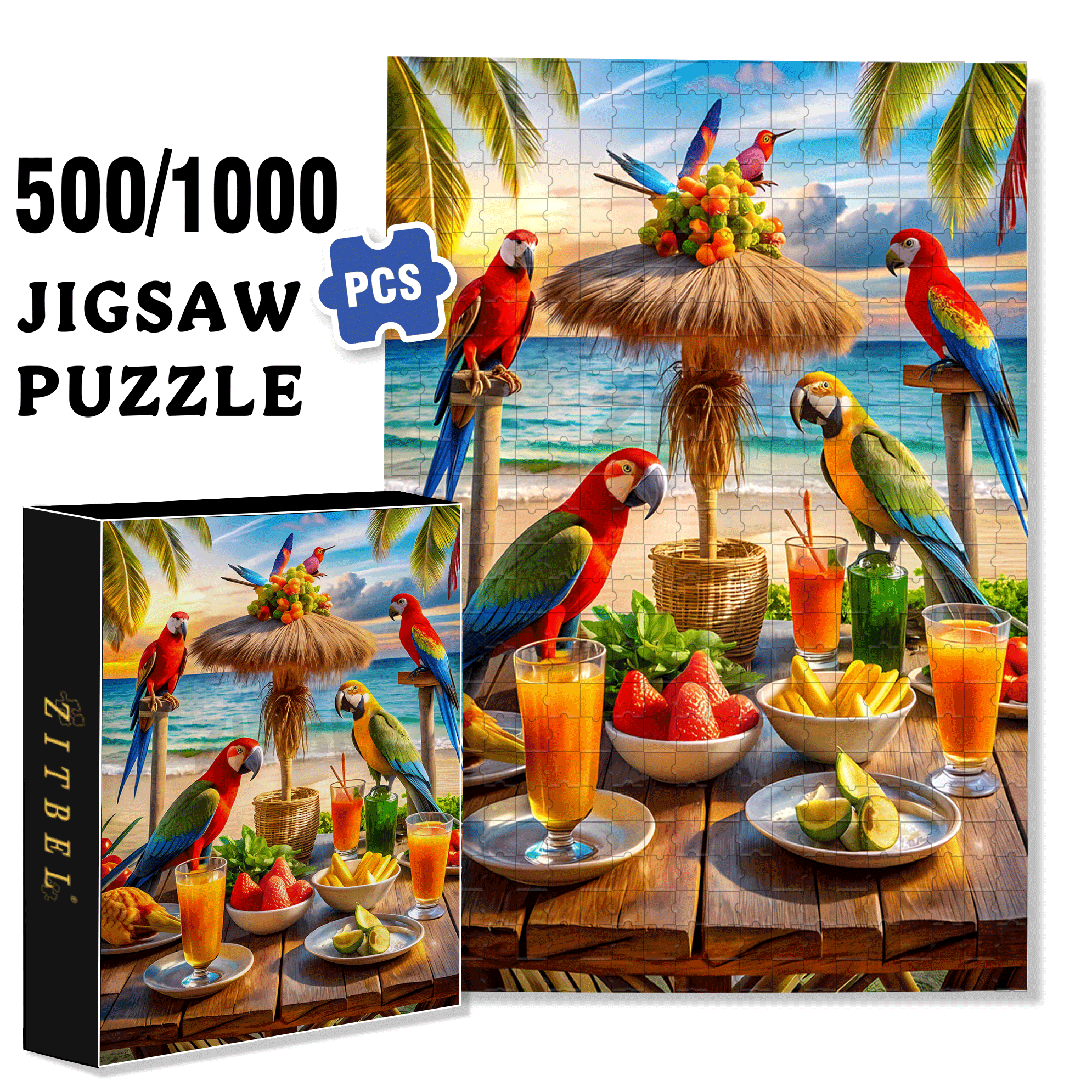 Tropical Parrot Party 500pcs/1000pcs Jigsaw Puzzle, Scratch-Resistant, Interactive Family Game & Brain-Boosting DIY Decor, Perfect for Halloween, Christmas & New Year Gifts, Family Puzzle Game