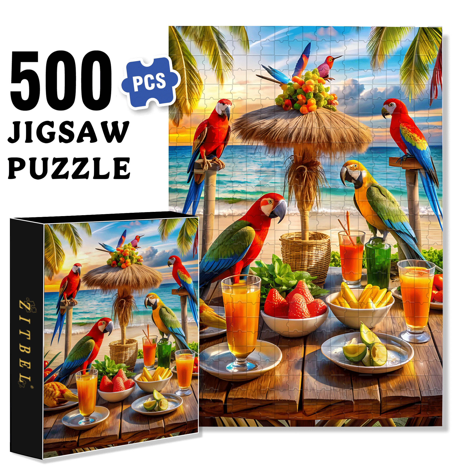 Tropical Parrot Party 500pcs/1000pcs Jigsaw Puzzle, Scratch-Resistant, Interactive Family Game & Brain-Boosting DIY Decor, Perfect for Halloween, Christmas & New Year Gifts, Family Puzzle Game