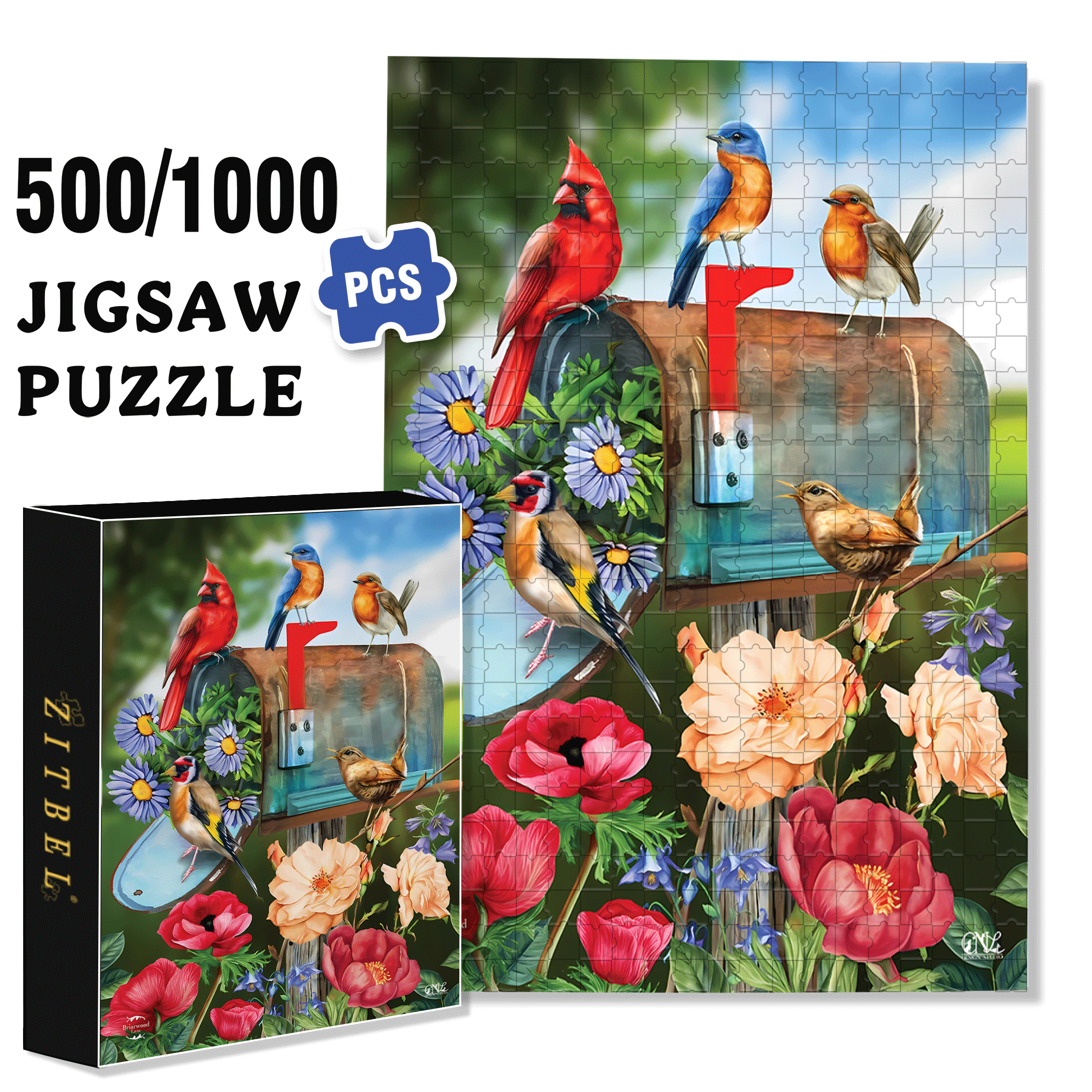Birds and Mailbox Spring Garden 500pcs/1000pcs Jigsaw Puzzle, Scratch-Resistant, Interactive Family Game & Brain-Boosting DIY Decor, Perfect for Halloween, Christmas & New Year Gifts, Family Puzzle Game