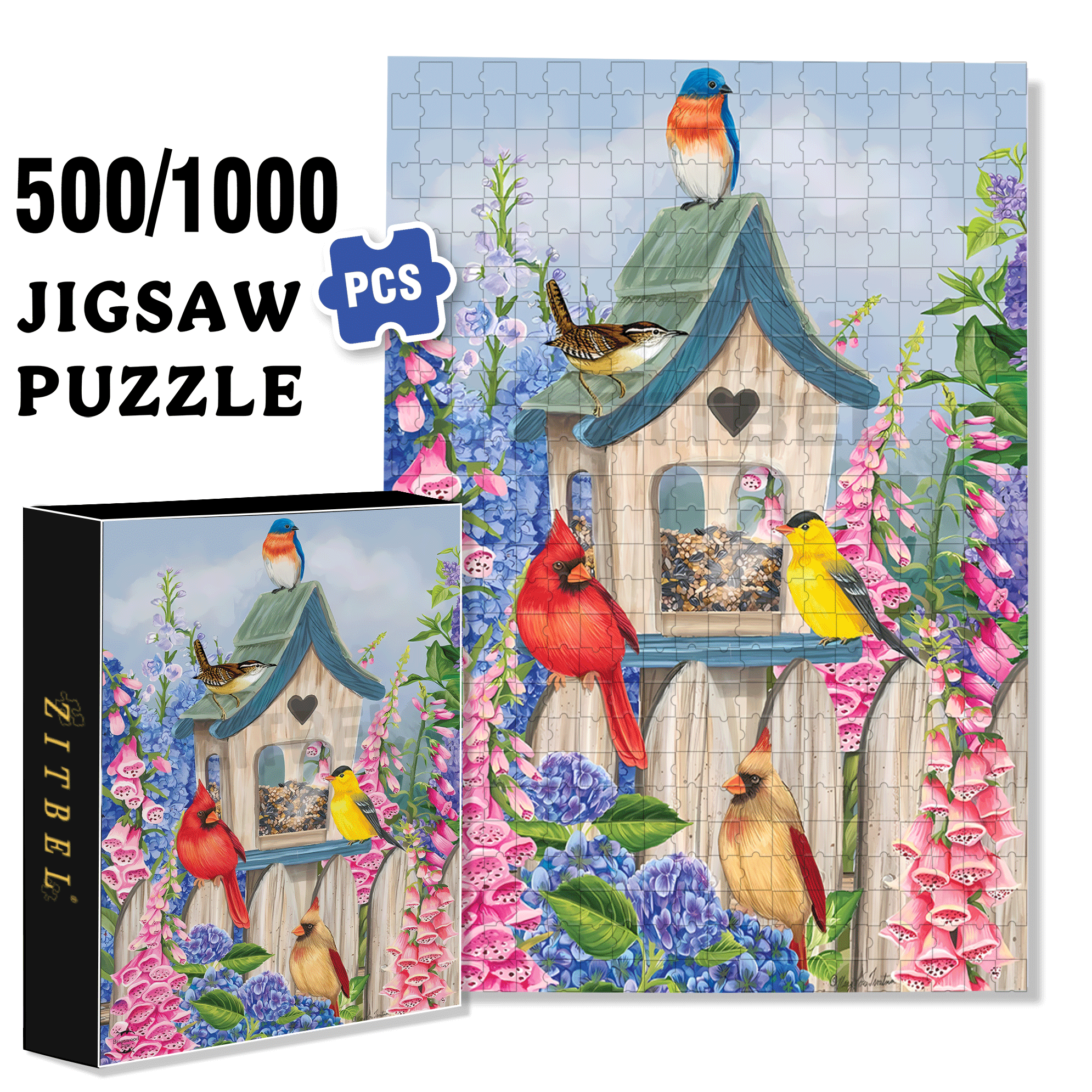 Birds of Spring Floral Garden 500pcs/1000pcs Jigsaw Puzzle, Scratch-Resistant, Interactive Family Game & Brain-Boosting DIY Decor, Perfect for Halloween, Christmas & New Year Gifts, Family Puzzle Game