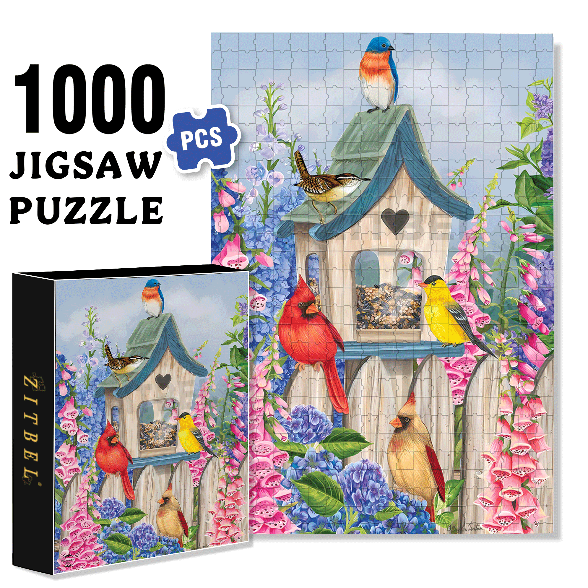 Birds of Spring Floral Garden 500pcs/1000pcs Jigsaw Puzzle, Scratch-Resistant, Interactive Family Game & Brain-Boosting DIY Decor, Perfect for Halloween, Christmas & New Year Gifts, Family Puzzle Game
