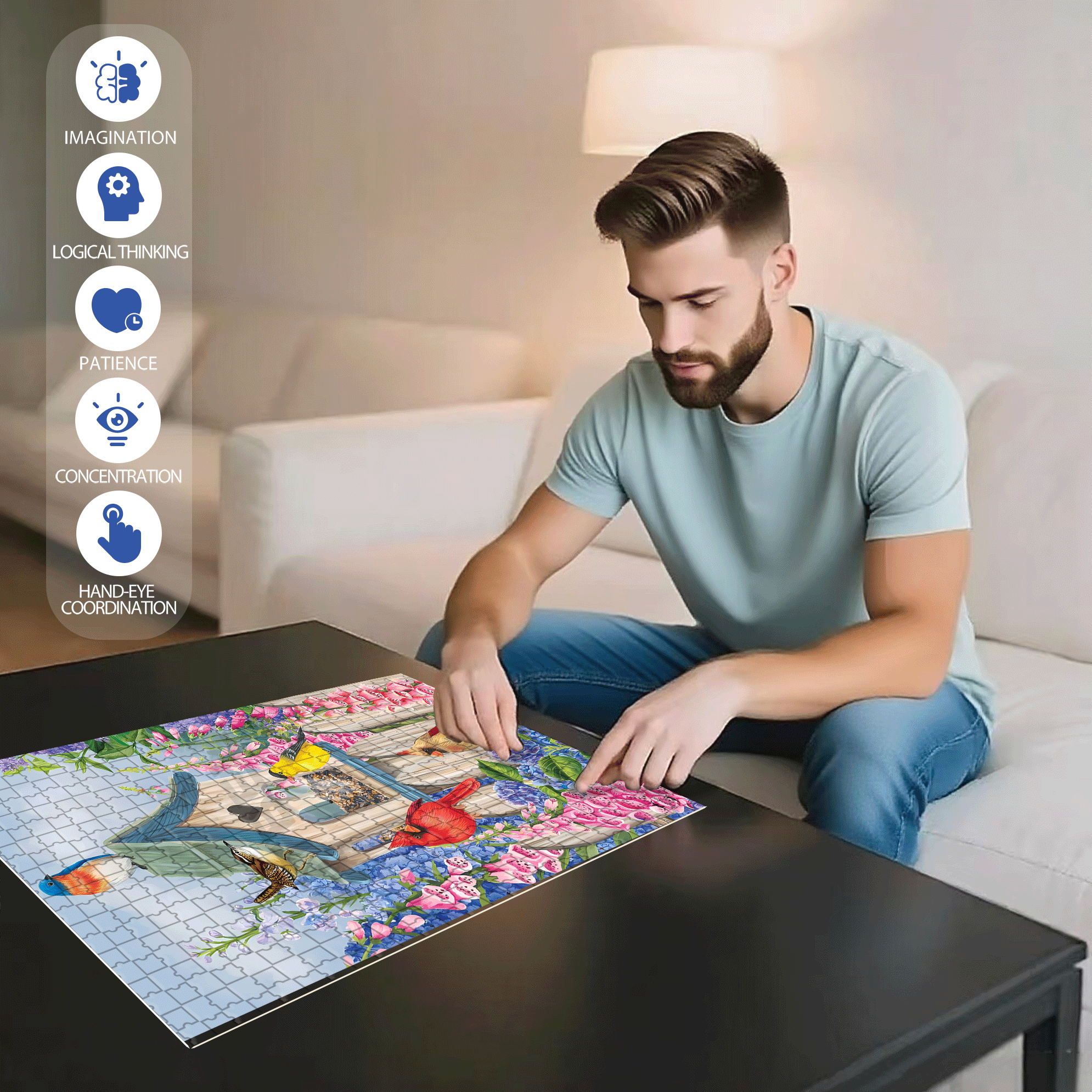 Birds of Spring Floral Garden 500pcs/1000pcs Jigsaw Puzzle, Scratch-Resistant, Interactive Family Game & Brain-Boosting DIY Decor, Perfect for Halloween, Christmas & New Year Gifts, Family Puzzle Game