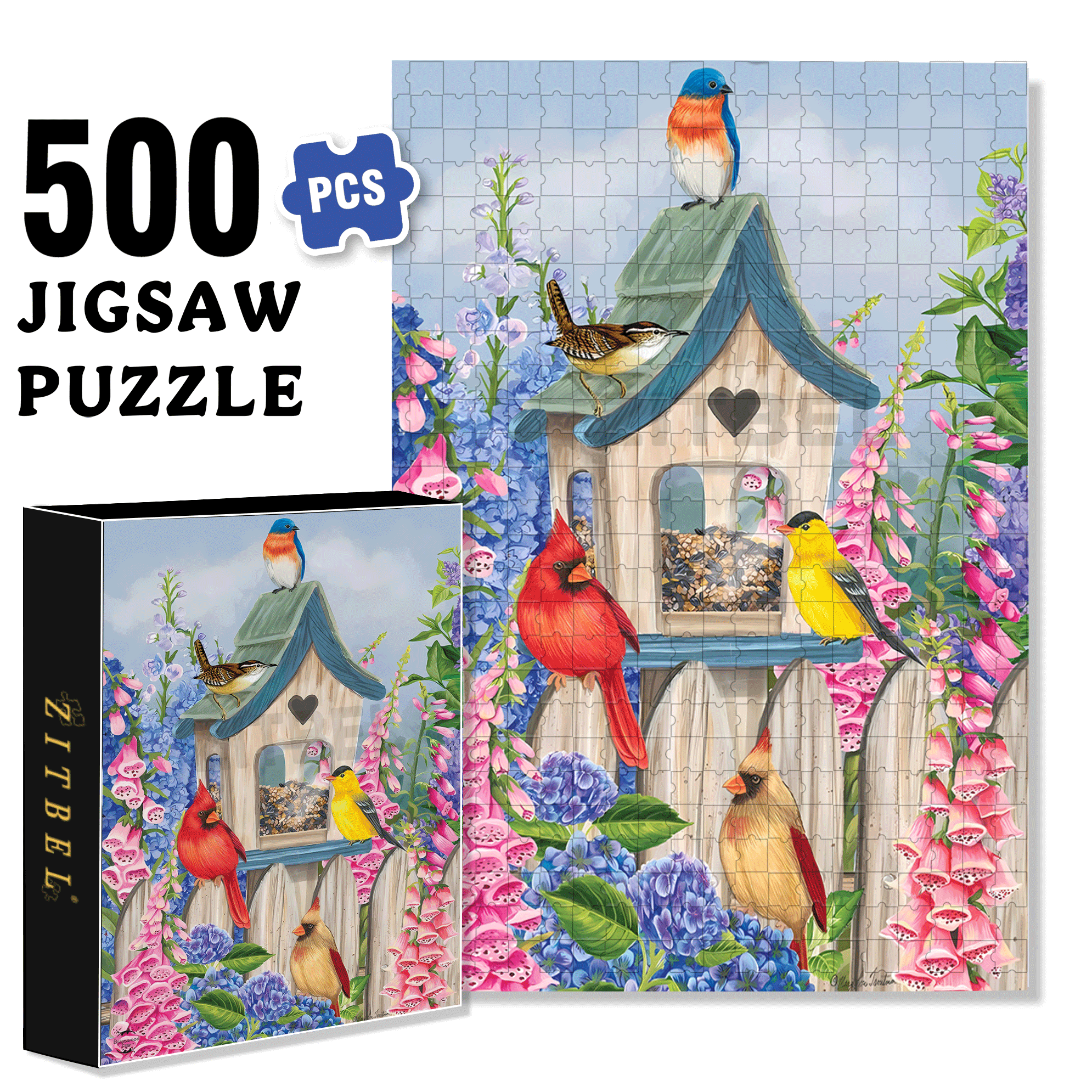 Birds of Spring Floral Garden 500pcs/1000pcs Jigsaw Puzzle, Scratch-Resistant, Interactive Family Game & Brain-Boosting DIY Decor, Perfect for Halloween, Christmas & New Year Gifts, Family Puzzle Game