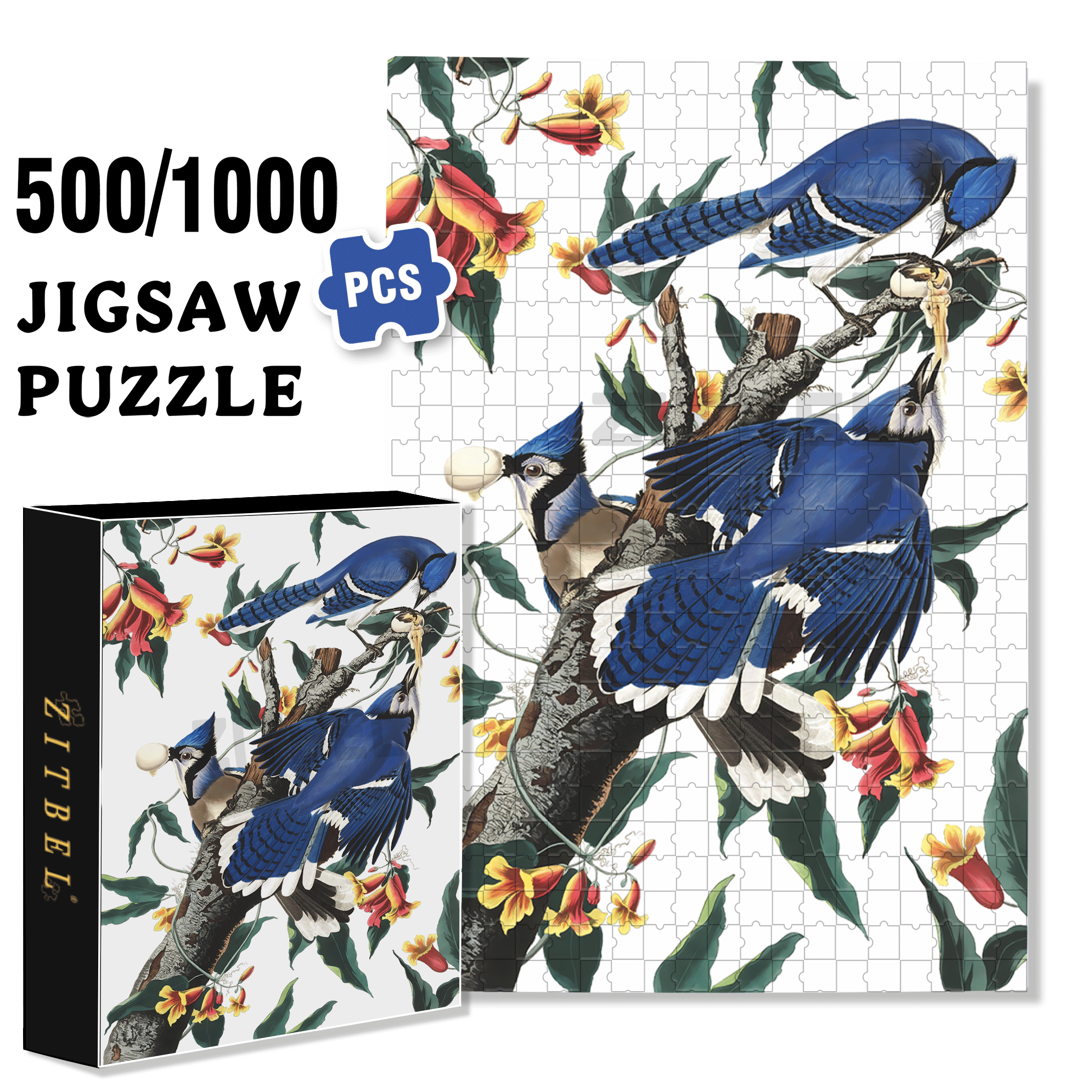 Blue Jays 500pcs/1000pcs Jigsaw Puzzle, Scratch-Resistant, Interactive Family Game & Brain-Boosting DIY Decor, Perfect for Halloween, Christmas & New Year Gifts, Family Puzzle Game