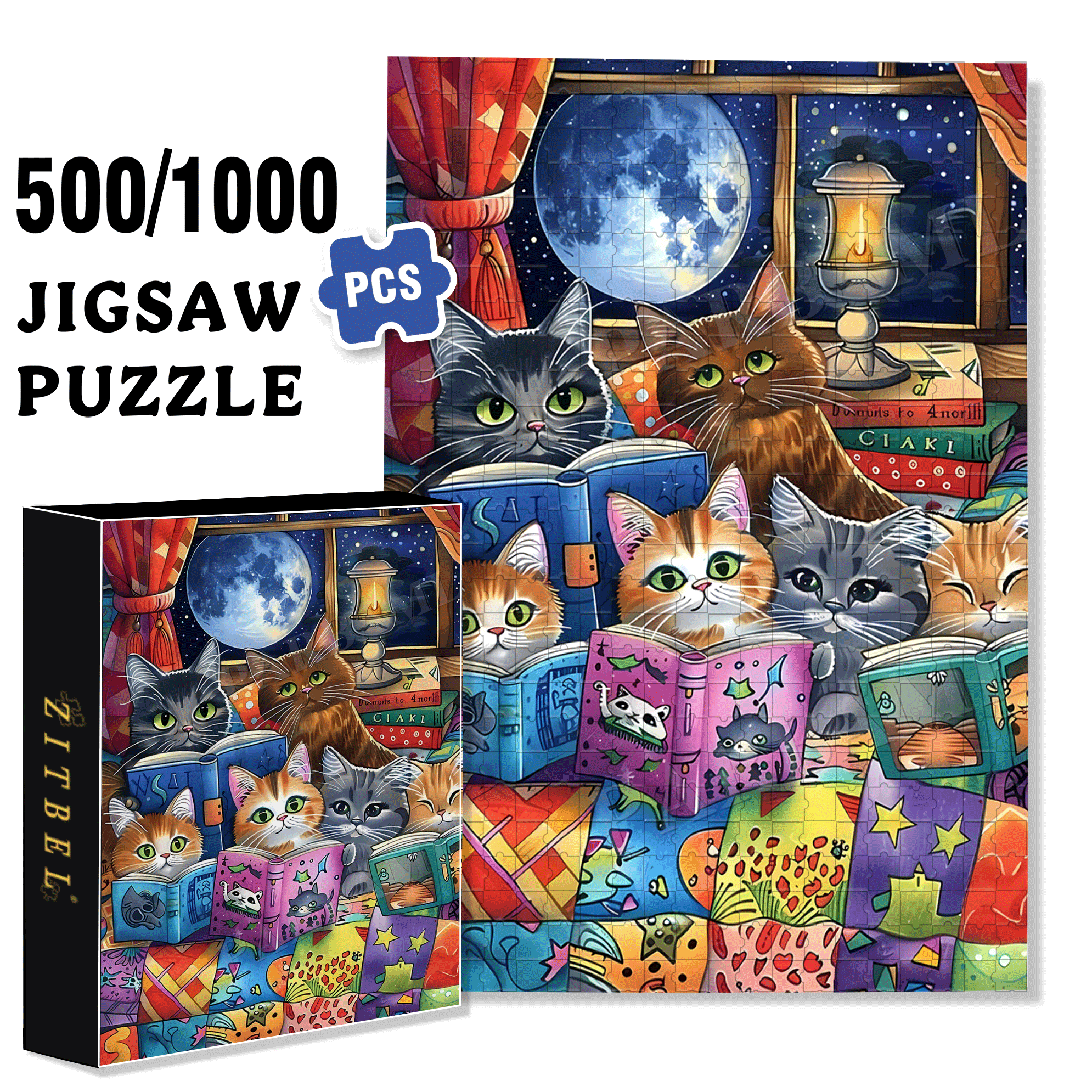 Cat Bedtime Storytime 500pcs/1000pcs Jigsaw Puzzle, Scratch-Resistant, Interactive Family Game & Brain-Boosting DIY Decor, Perfect for Halloween, Christmas & New Year Gifts, Family Puzzle Game