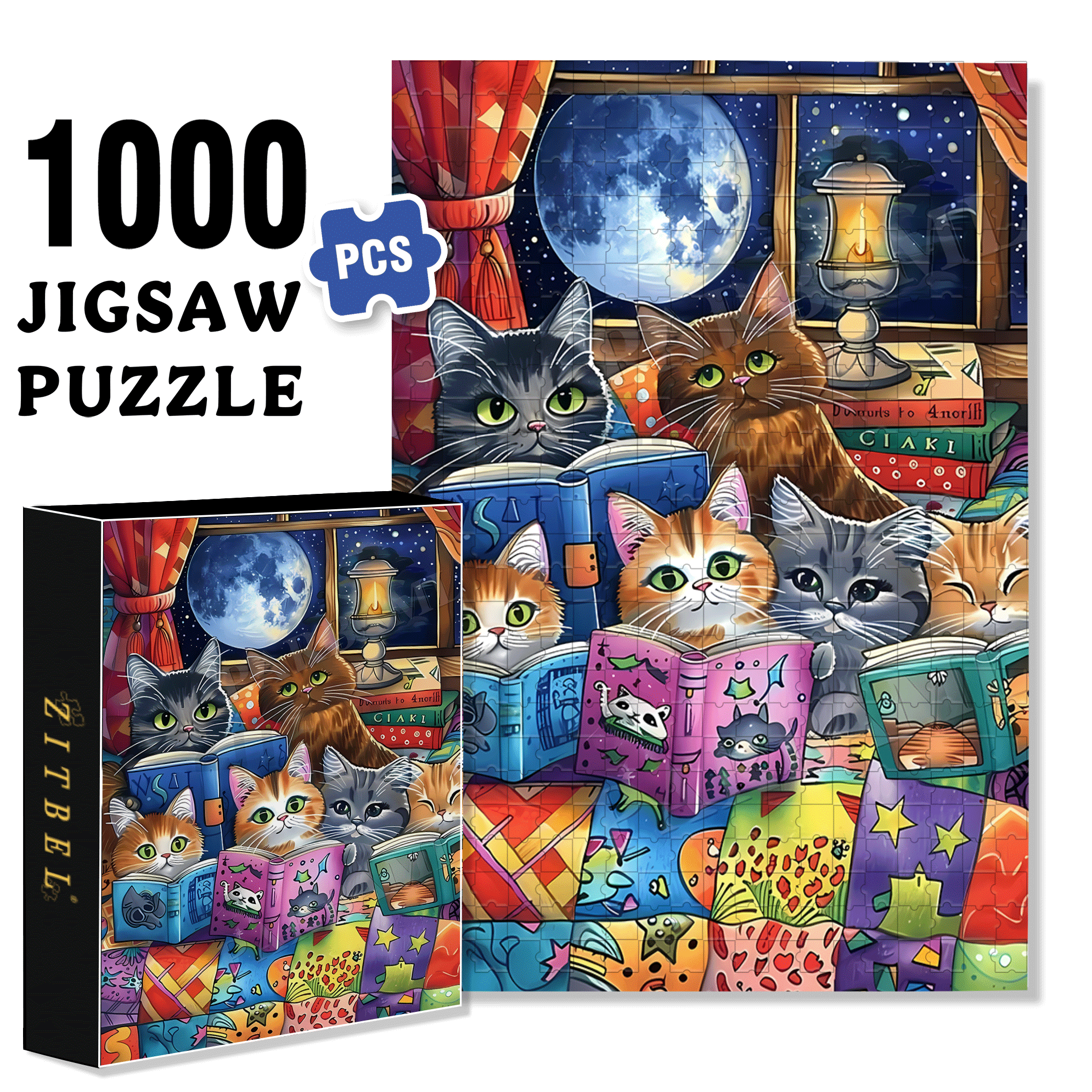 Cat Bedtime Storytime 500pcs/1000pcs Jigsaw Puzzle, Scratch-Resistant, Interactive Family Game & Brain-Boosting DIY Decor, Perfect for Halloween, Christmas & New Year Gifts, Family Puzzle Game