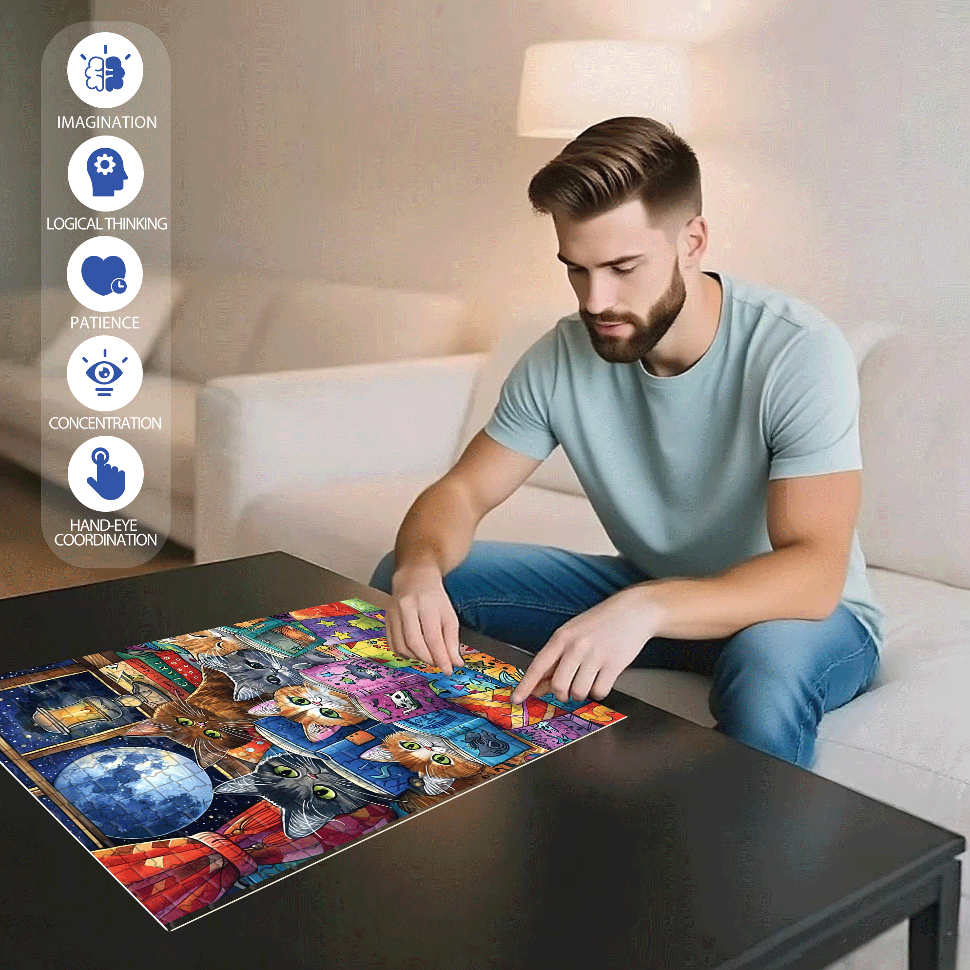 Cat Bedtime Storytime 500pcs/1000pcs Jigsaw Puzzle, Scratch-Resistant, Interactive Family Game & Brain-Boosting DIY Decor, Perfect for Halloween, Christmas & New Year Gifts, Family Puzzle Game