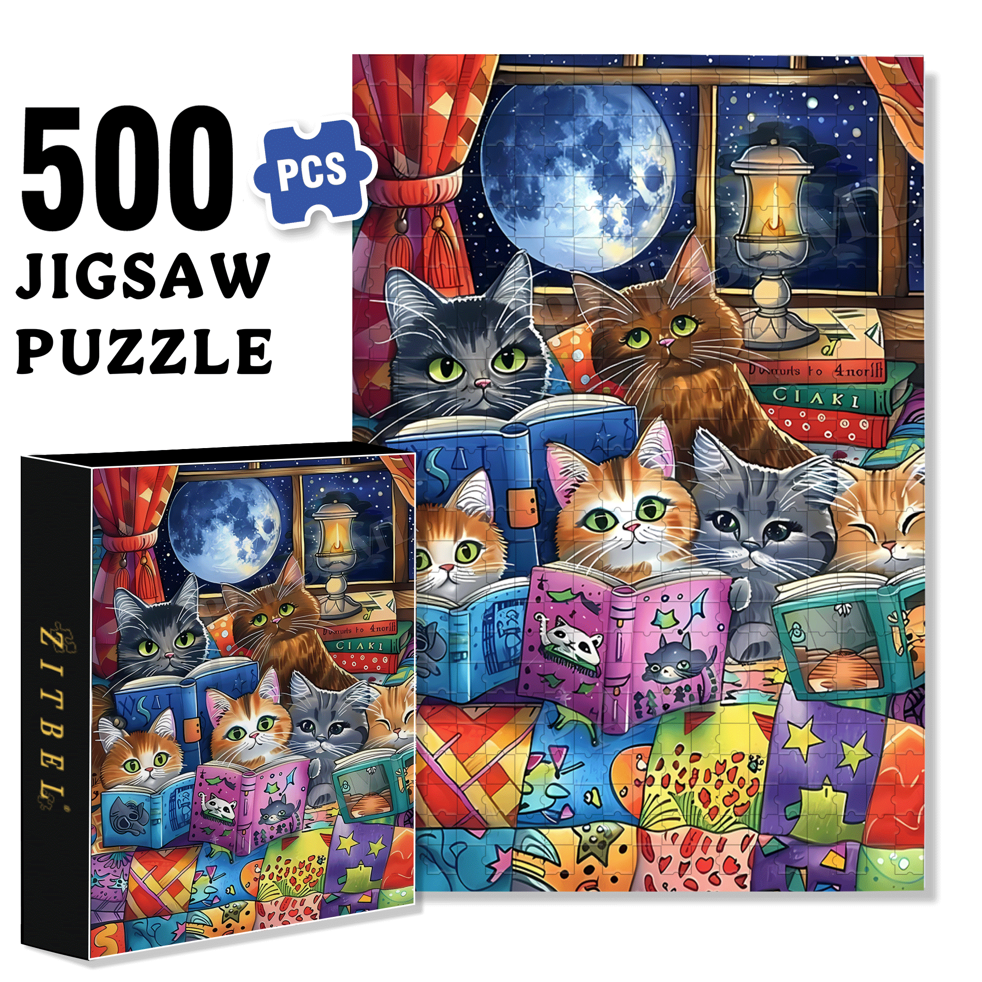 Cat Bedtime Storytime 500pcs/1000pcs Jigsaw Puzzle, Scratch-Resistant, Interactive Family Game & Brain-Boosting DIY Decor, Perfect for Halloween, Christmas & New Year Gifts, Family Puzzle Game