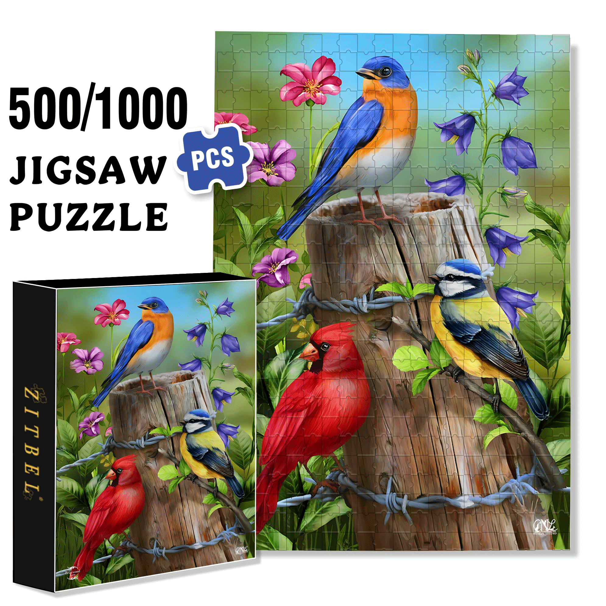 Fence Post Birds Spring Garden 500pcs/1000pcs Jigsaw Puzzle, Scratch-Resistant, Interactive Family Game & Brain-Boosting DIY Decor, Perfect for Halloween, Christmas & New Year Gifts, Family Puzzle Game