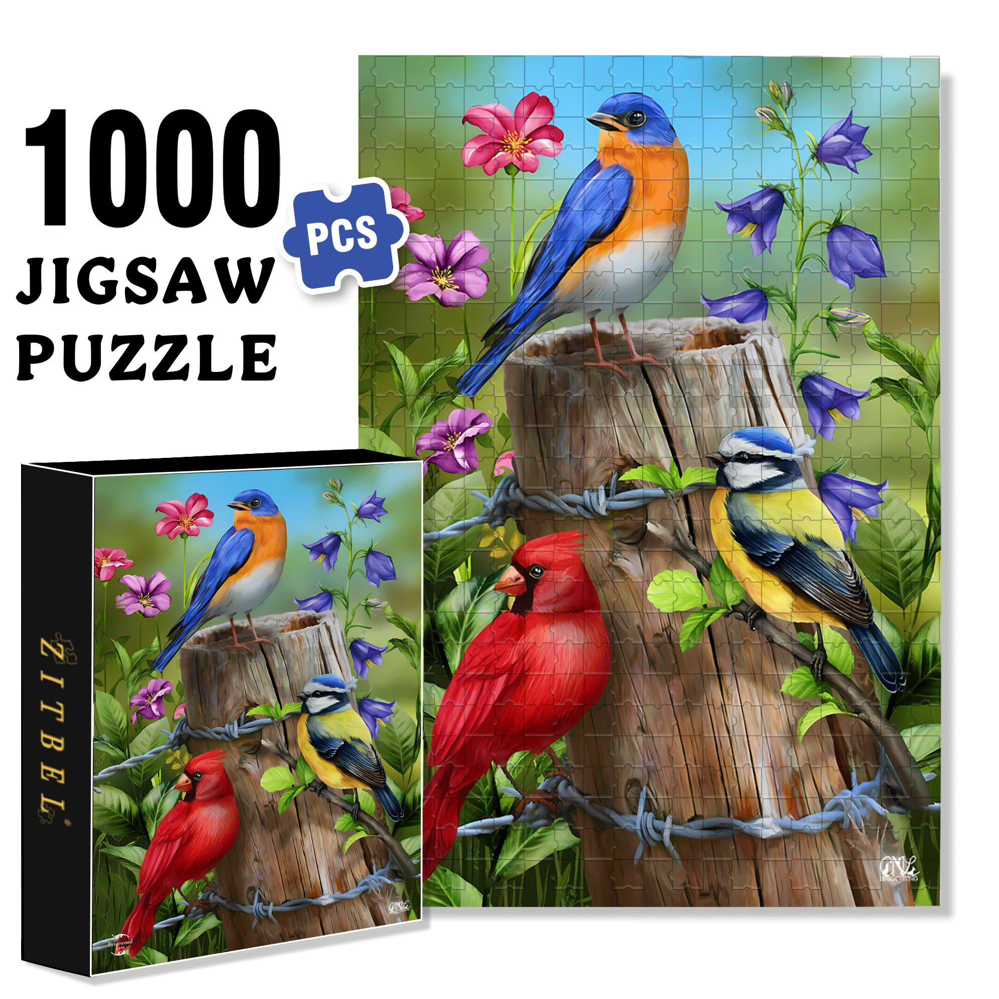 Fence Post Birds Spring Garden 500pcs/1000pcs Jigsaw Puzzle, Scratch-Resistant, Interactive Family Game & Brain-Boosting DIY Decor, Perfect for Halloween, Christmas & New Year Gifts, Family Puzzle Game