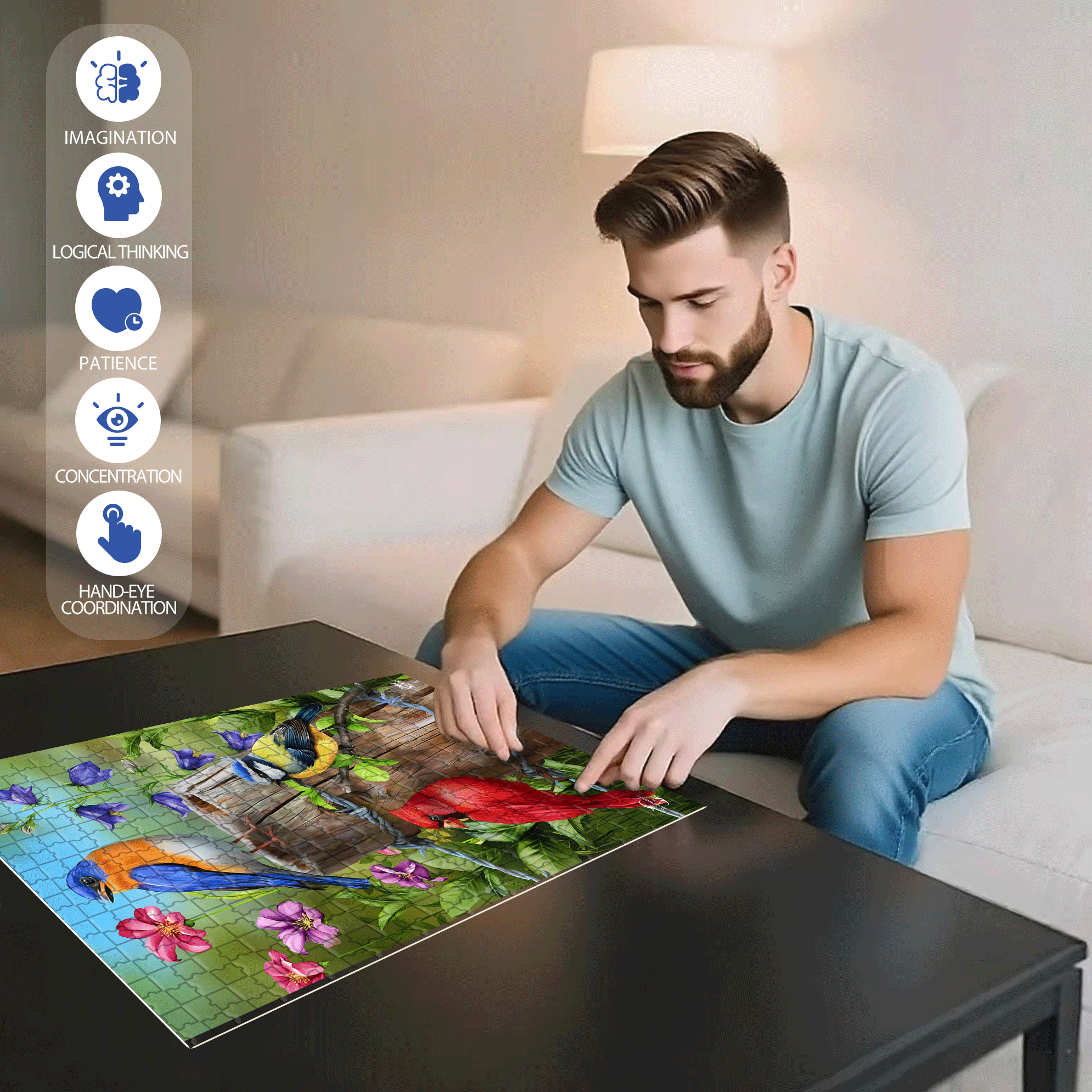 Fence Post Birds Spring Garden 500pcs/1000pcs Jigsaw Puzzle, Scratch-Resistant, Interactive Family Game & Brain-Boosting DIY Decor, Perfect for Halloween, Christmas & New Year Gifts, Family Puzzle Game