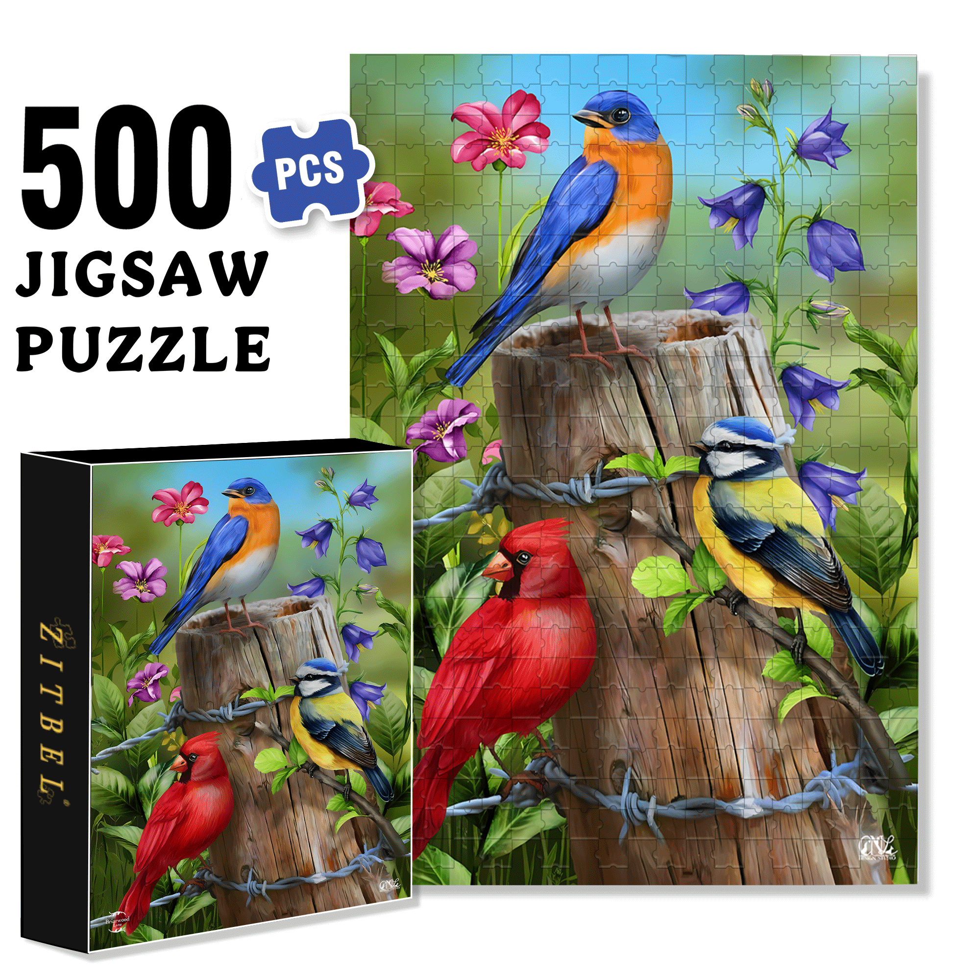 Fence Post Birds Spring Garden 500pcs/1000pcs Jigsaw Puzzle, Scratch-Resistant, Interactive Family Game & Brain-Boosting DIY Decor, Perfect for Halloween, Christmas & New Year Gifts, Family Puzzle Game