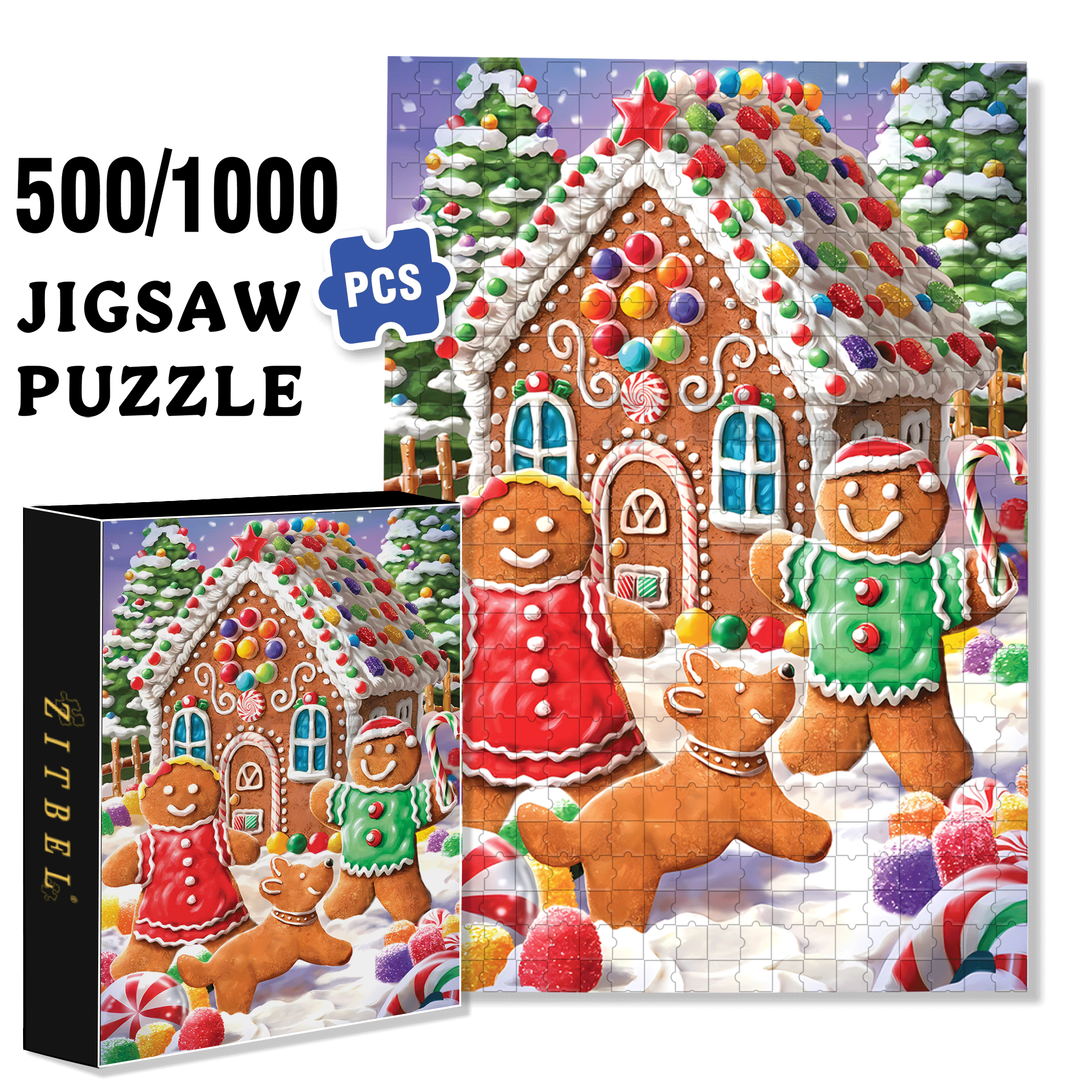 Gingerbread House & Candy 500pcs/1000pcs Jigsaw Puzzle, Scratch-Resistant, Interactive Family Game & Brain-Boosting DIY Decor, Perfect for Halloween, Christmas & New Year Gifts, Family Puzzle Game