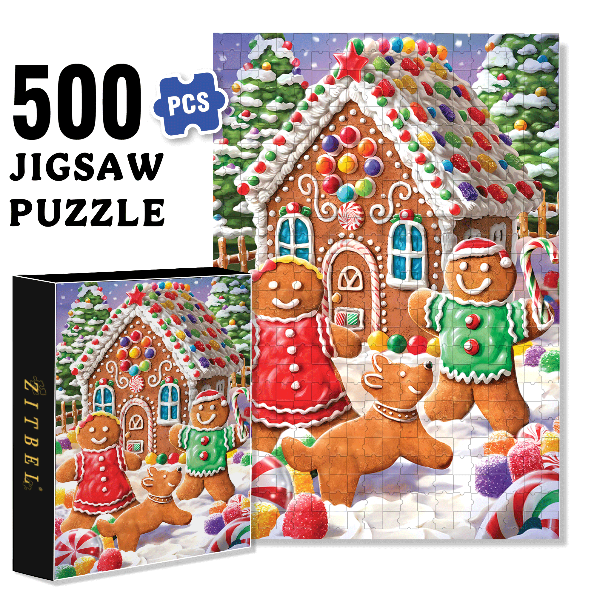 Gingerbread House & Candy 500pcs/1000pcs Jigsaw Puzzle, Scratch-Resistant, Interactive Family Game & Brain-Boosting DIY Decor, Perfect for Halloween, Christmas & New Year Gifts, Family Puzzle Game