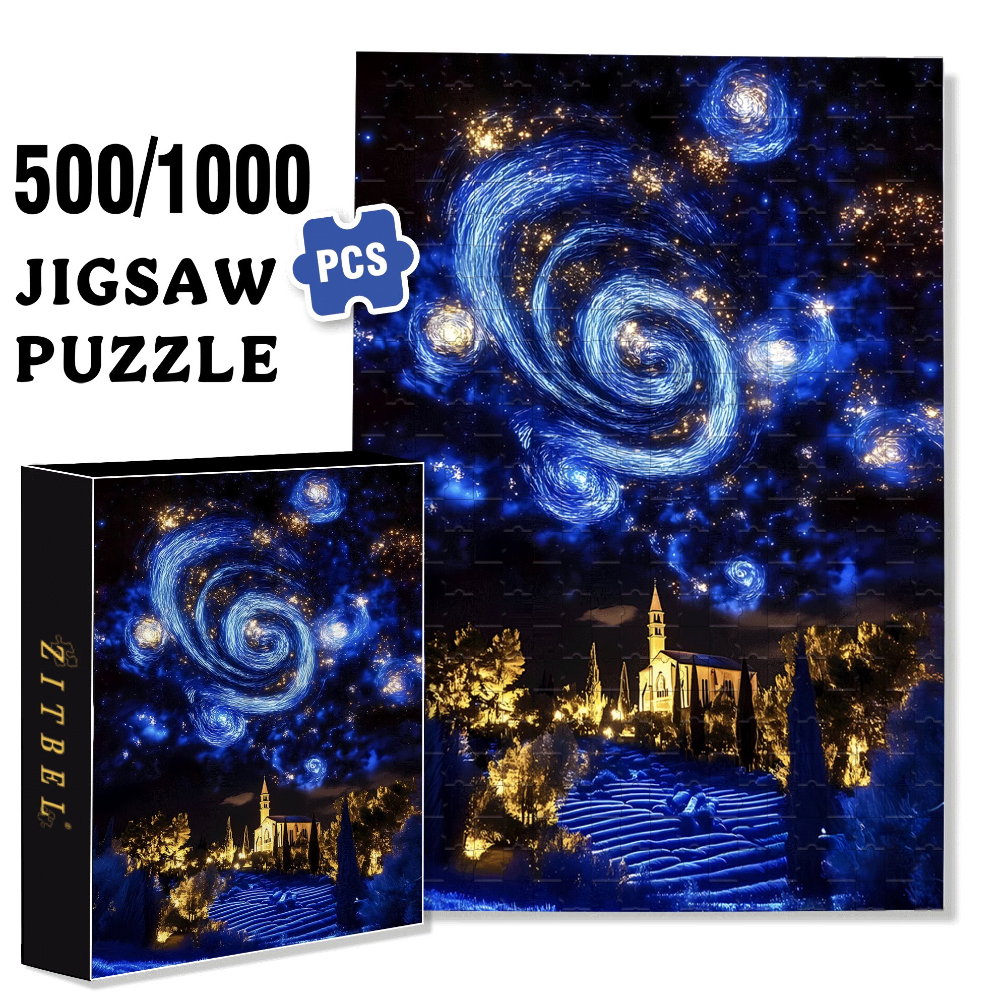 Lavender Fields Under Van Gogh's Starry Night 500pcs/1000pcs Jigsaw Puzzle, Scratch-Resistant, Interactive Family Game & Brain-Boosting DIY Decor, Perfect for Halloween, Christmas & New Year Gifts, Family Puzzle Game
