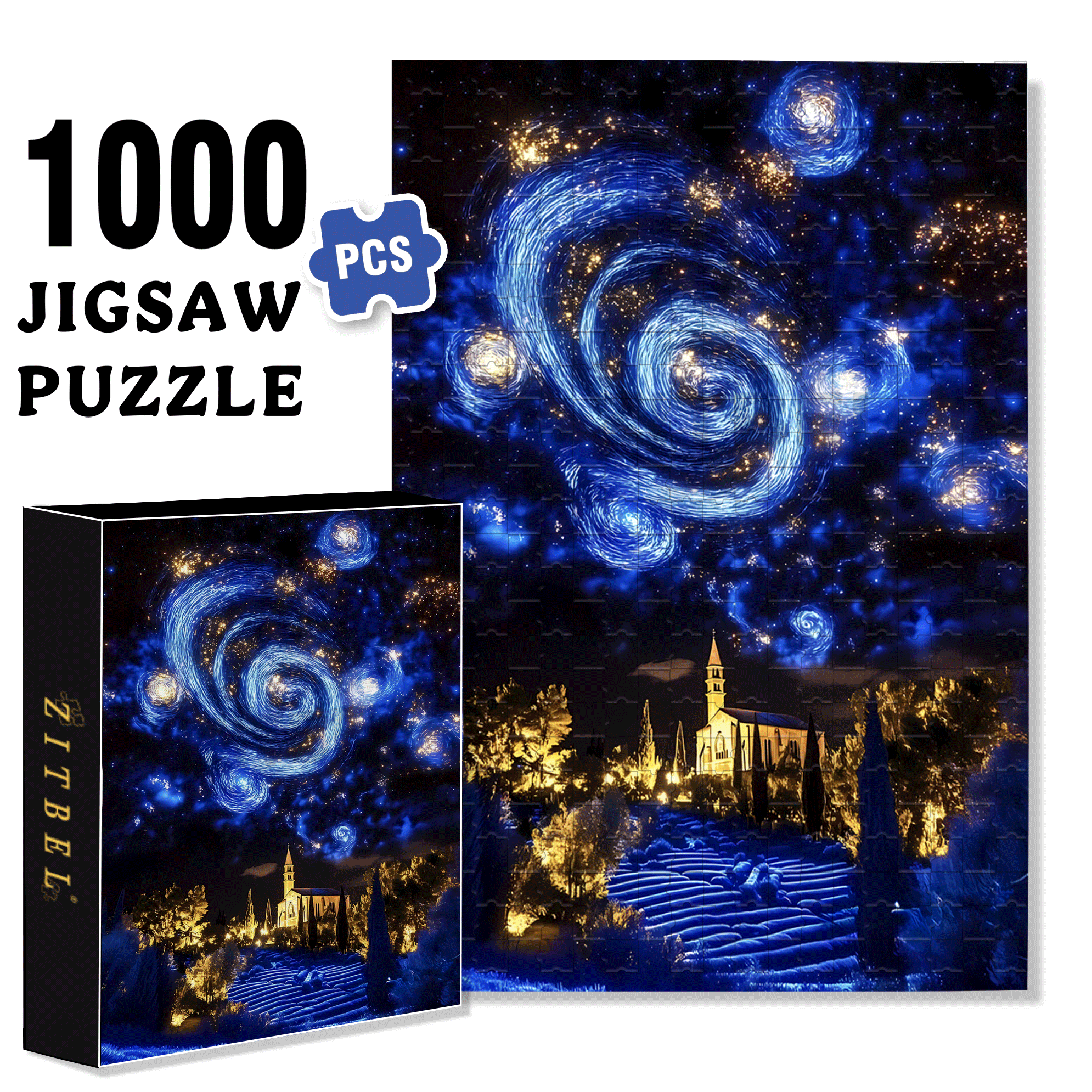 Lavender Fields Under Van Gogh's Starry Night 500pcs/1000pcs Jigsaw Puzzle, Scratch-Resistant, Interactive Family Game & Brain-Boosting DIY Decor, Perfect for Halloween, Christmas & New Year Gifts, Family Puzzle Game