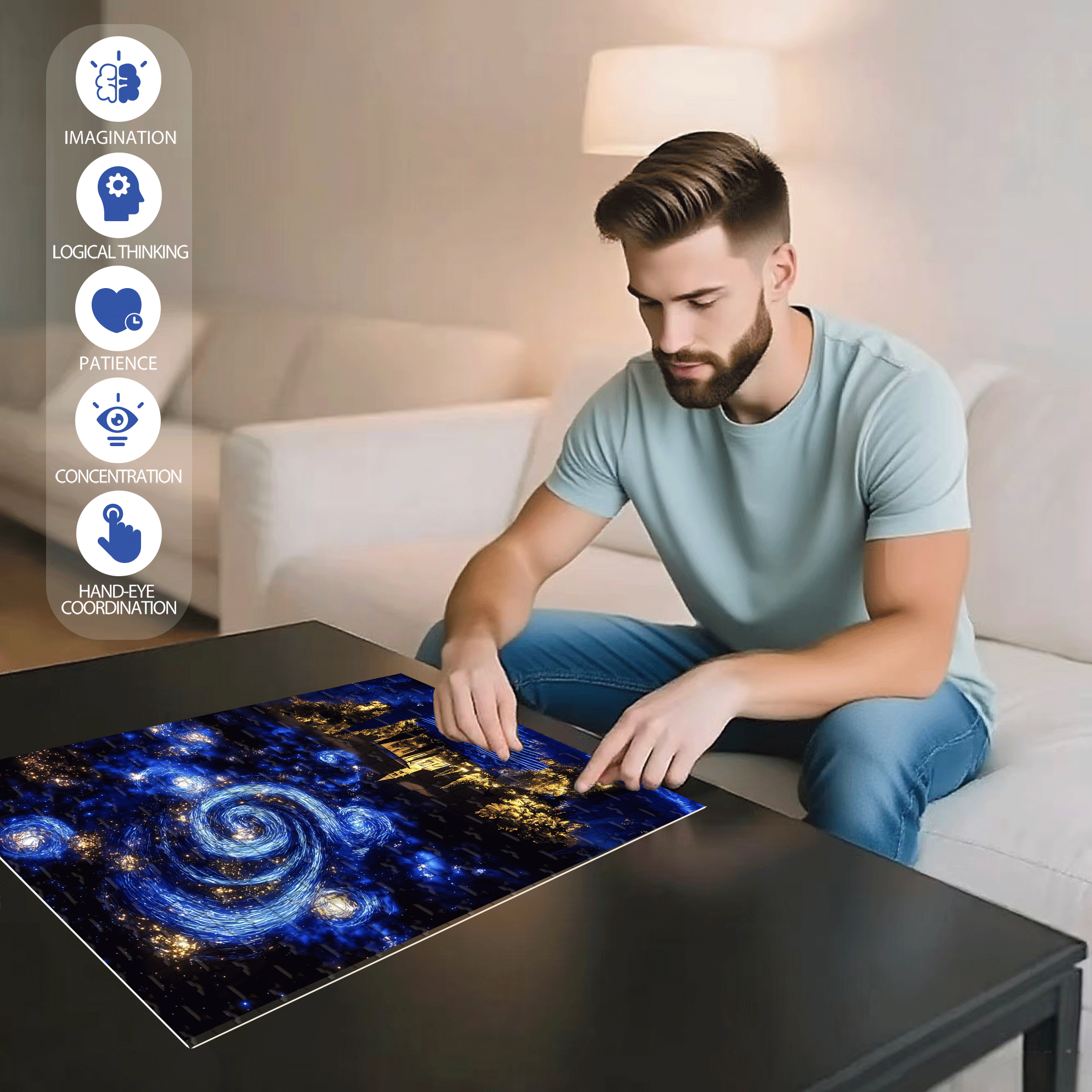 Lavender Fields Under Van Gogh's Starry Night 500pcs/1000pcs Jigsaw Puzzle, Scratch-Resistant, Interactive Family Game & Brain-Boosting DIY Decor, Perfect for Halloween, Christmas & New Year Gifts, Family Puzzle Game