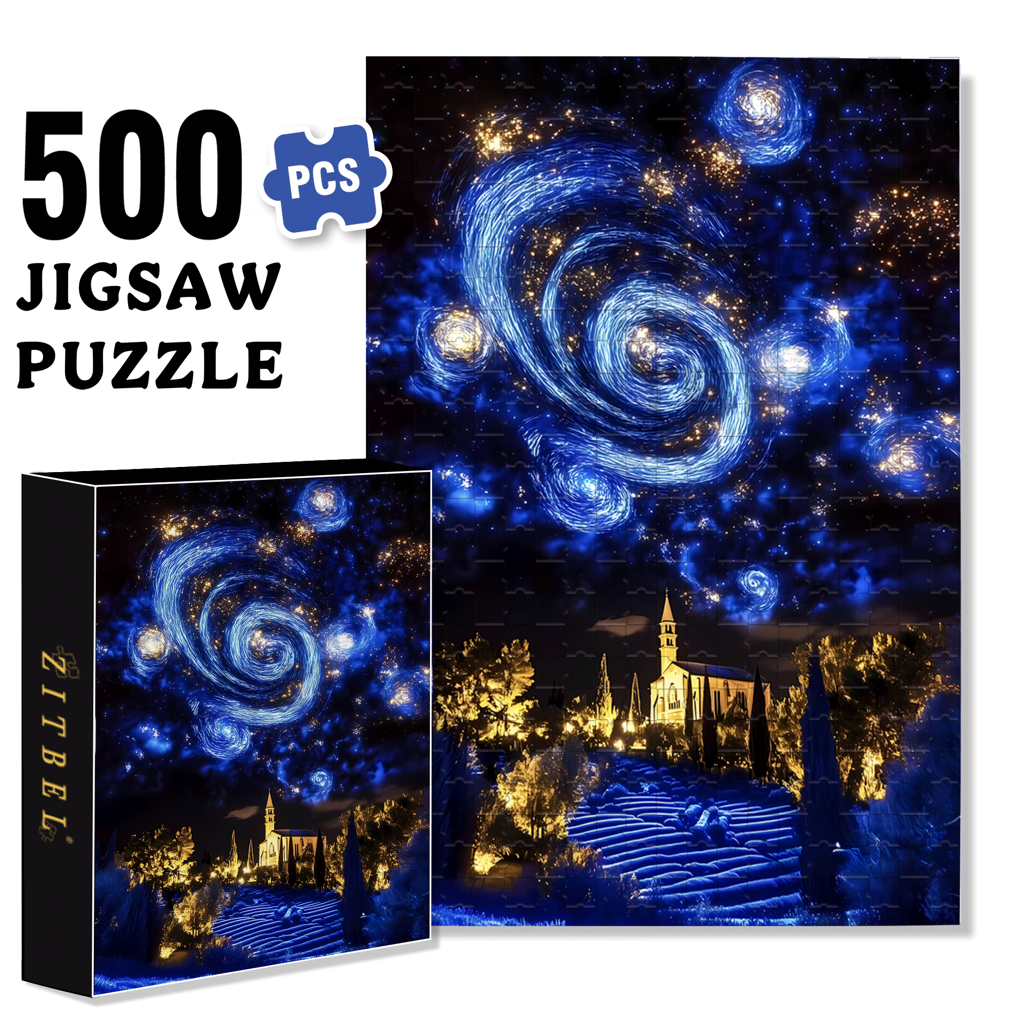 Lavender Fields Under Van Gogh's Starry Night 500pcs/1000pcs Jigsaw Puzzle, Scratch-Resistant, Interactive Family Game & Brain-Boosting DIY Decor, Perfect for Halloween, Christmas & New Year Gifts, Family Puzzle Game