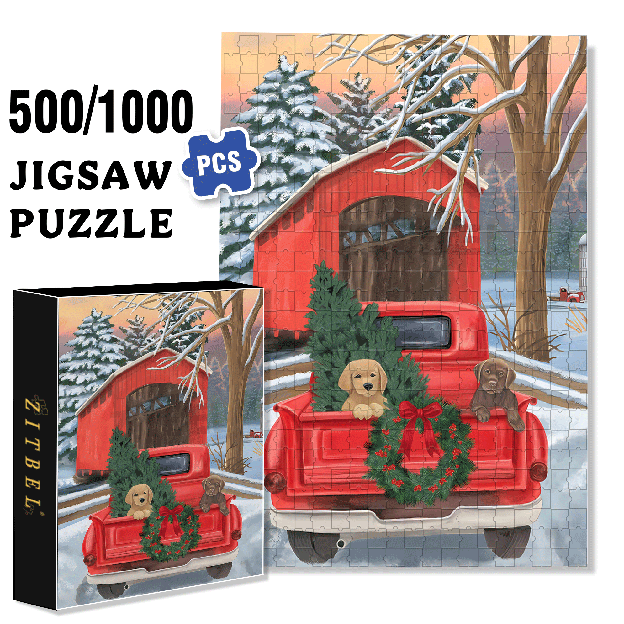 Winter Puppy Pickup Garden 500pcs/1000pcs Jigsaw Puzzle, Scratch-Resistant, Interactive Family Game & Brain-Boosting DIY Decor, Perfect for Halloween, Christmas & New Year Gifts, Family Puzzle Game
