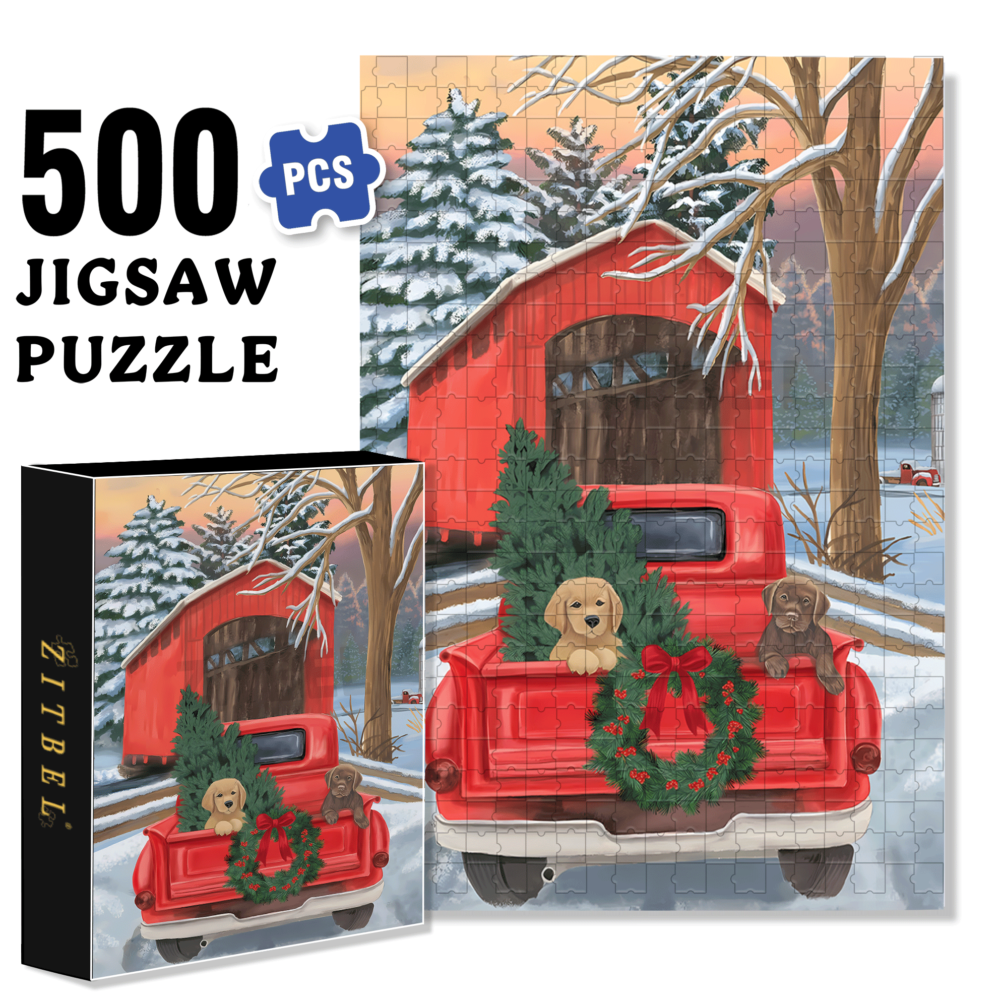 Winter Puppy Pickup Garden 500pcs/1000pcs Jigsaw Puzzle, Scratch-Resistant, Interactive Family Game & Brain-Boosting DIY Decor, Perfect for Halloween, Christmas & New Year Gifts, Family Puzzle Game