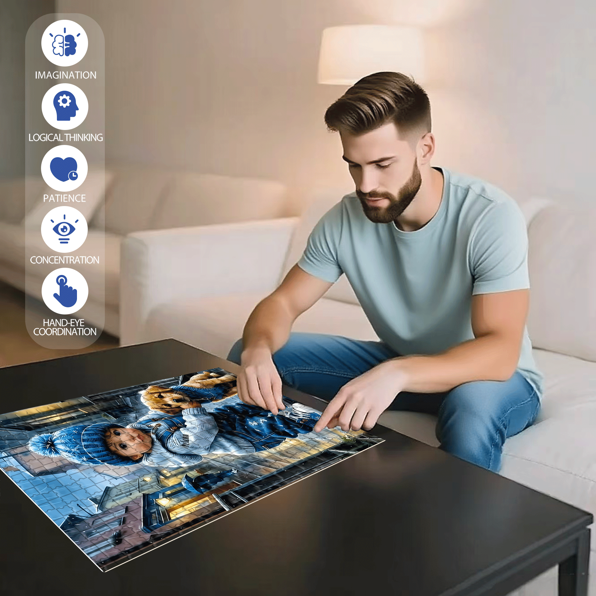 Baby Blue 500pcs/1000pcs Jigsaw Puzzle, Scratch-Resistant, Interactive Family Game & Brain-Boosting DIY Decor, Perfect for Halloween, Christmas & New Year Gifts, Family Puzzle Game