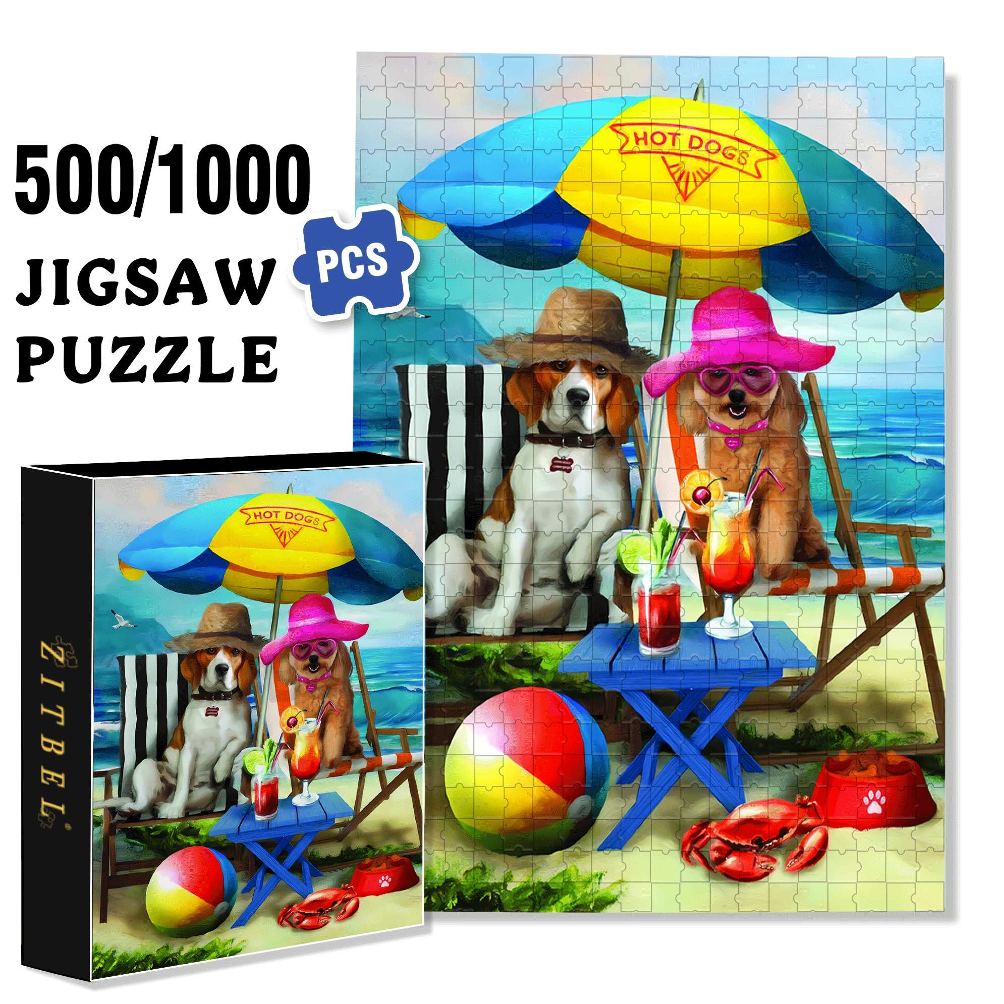 Beach Dogs 500pcs/1000pcs Jigsaw Puzzle, Scratch-Resistant, Interactive Family Game & Brain-Boosting DIY Decor, Perfect for Halloween, Christmas & New Year Gifts, Family Puzzle Game