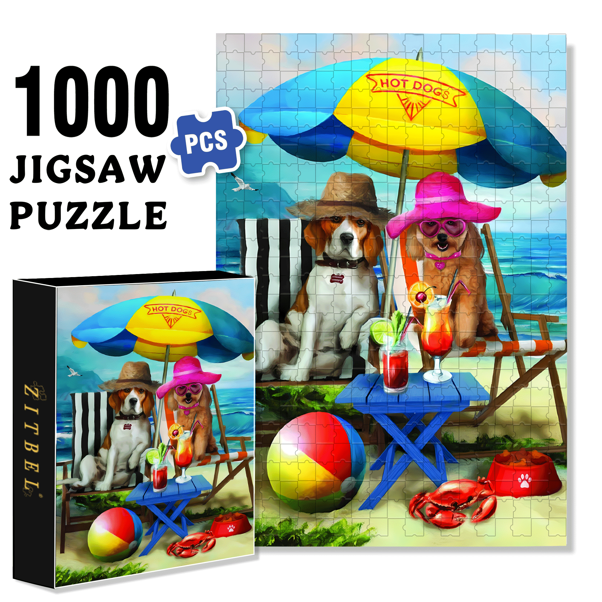 Beach Dogs 500pcs/1000pcs Jigsaw Puzzle, Scratch-Resistant, Interactive Family Game & Brain-Boosting DIY Decor, Perfect for Halloween, Christmas & New Year Gifts, Family Puzzle Game