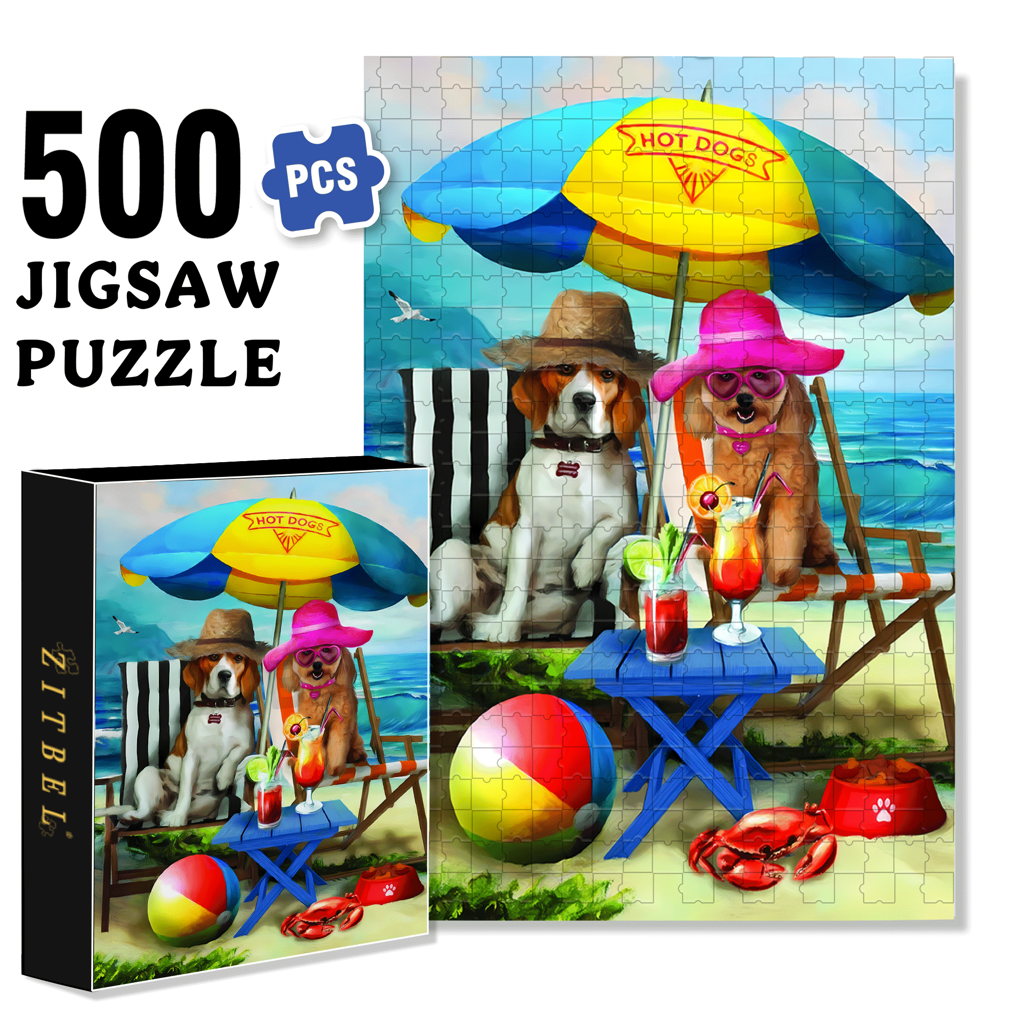 Beach Dogs 500pcs/1000pcs Jigsaw Puzzle, Scratch-Resistant, Interactive Family Game & Brain-Boosting DIY Decor, Perfect for Halloween, Christmas & New Year Gifts, Family Puzzle Game