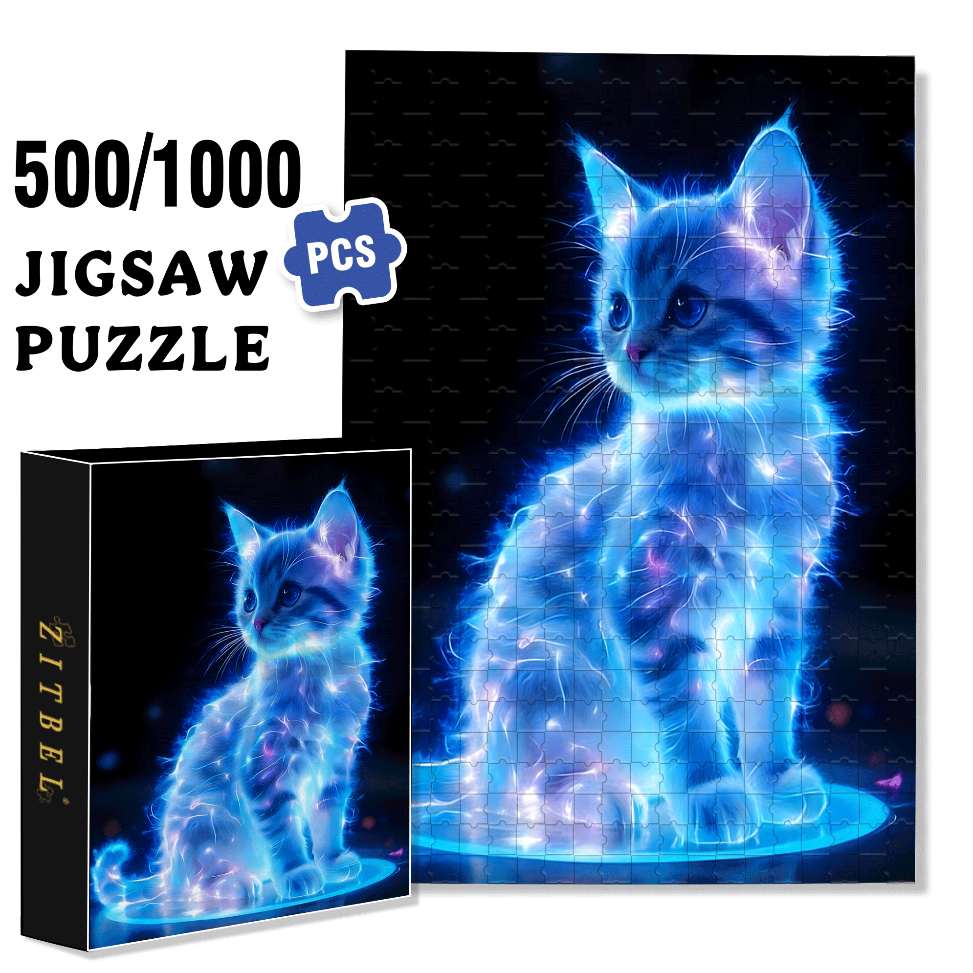 Cool Glowing Cat 500pcs/1000pcs Jigsaw Puzzle, Scratch-Resistant, Interactive Family Game & Brain-Boosting DIY Decor, Perfect for Halloween, Christmas & New Year Gifts, Family Puzzle Game