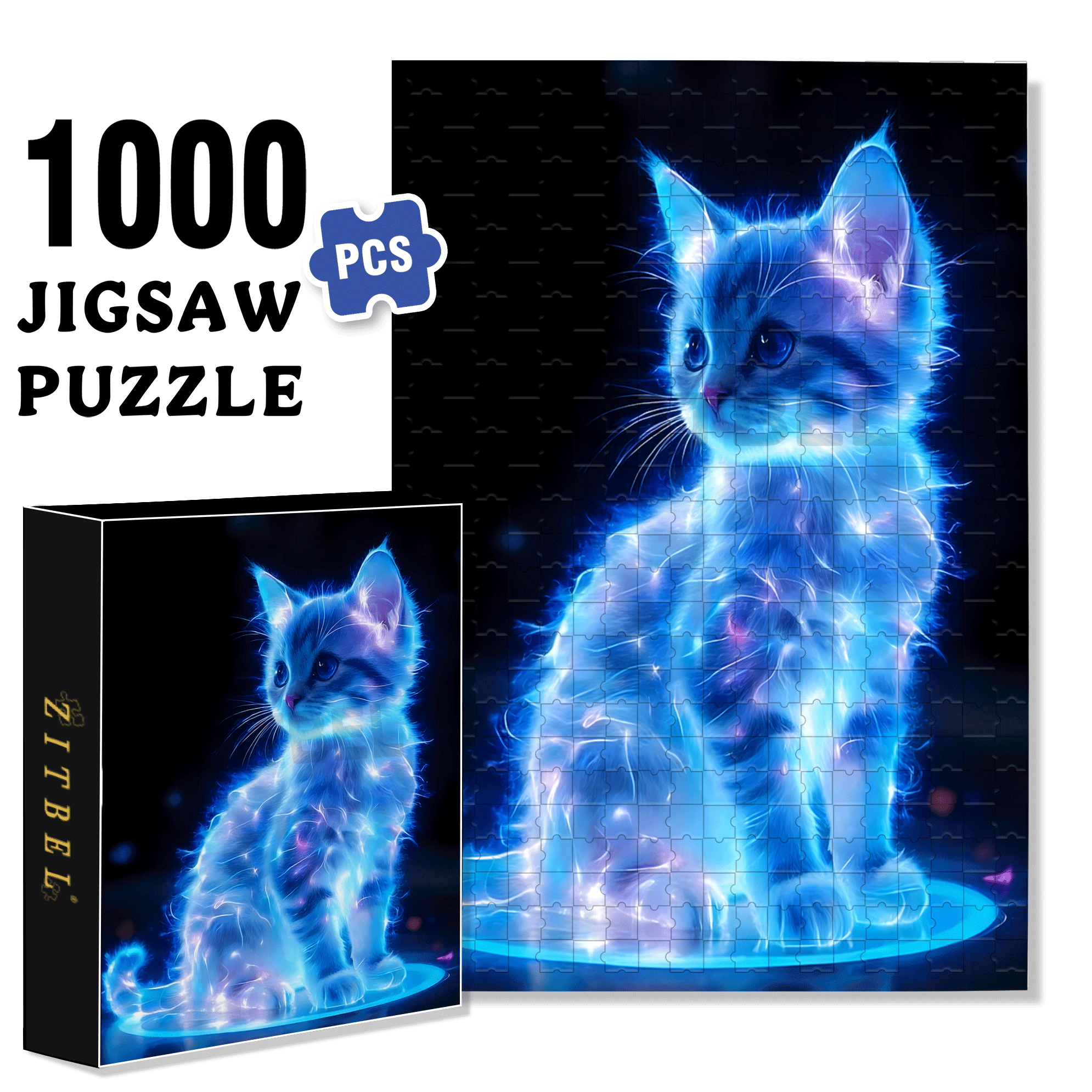 Cool Glowing Cat 500pcs/1000pcs Jigsaw Puzzle, Scratch-Resistant, Interactive Family Game & Brain-Boosting DIY Decor, Perfect for Halloween, Christmas & New Year Gifts, Family Puzzle Game