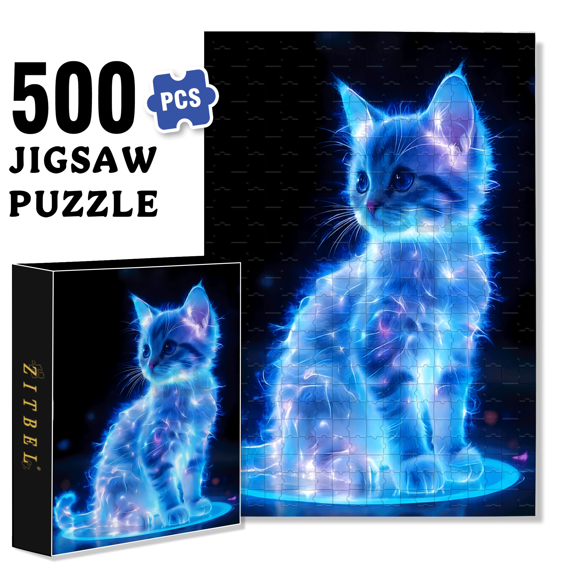 Cool Glowing Cat 500pcs/1000pcs Jigsaw Puzzle, Scratch-Resistant, Interactive Family Game & Brain-Boosting DIY Decor, Perfect for Halloween, Christmas & New Year Gifts, Family Puzzle Game