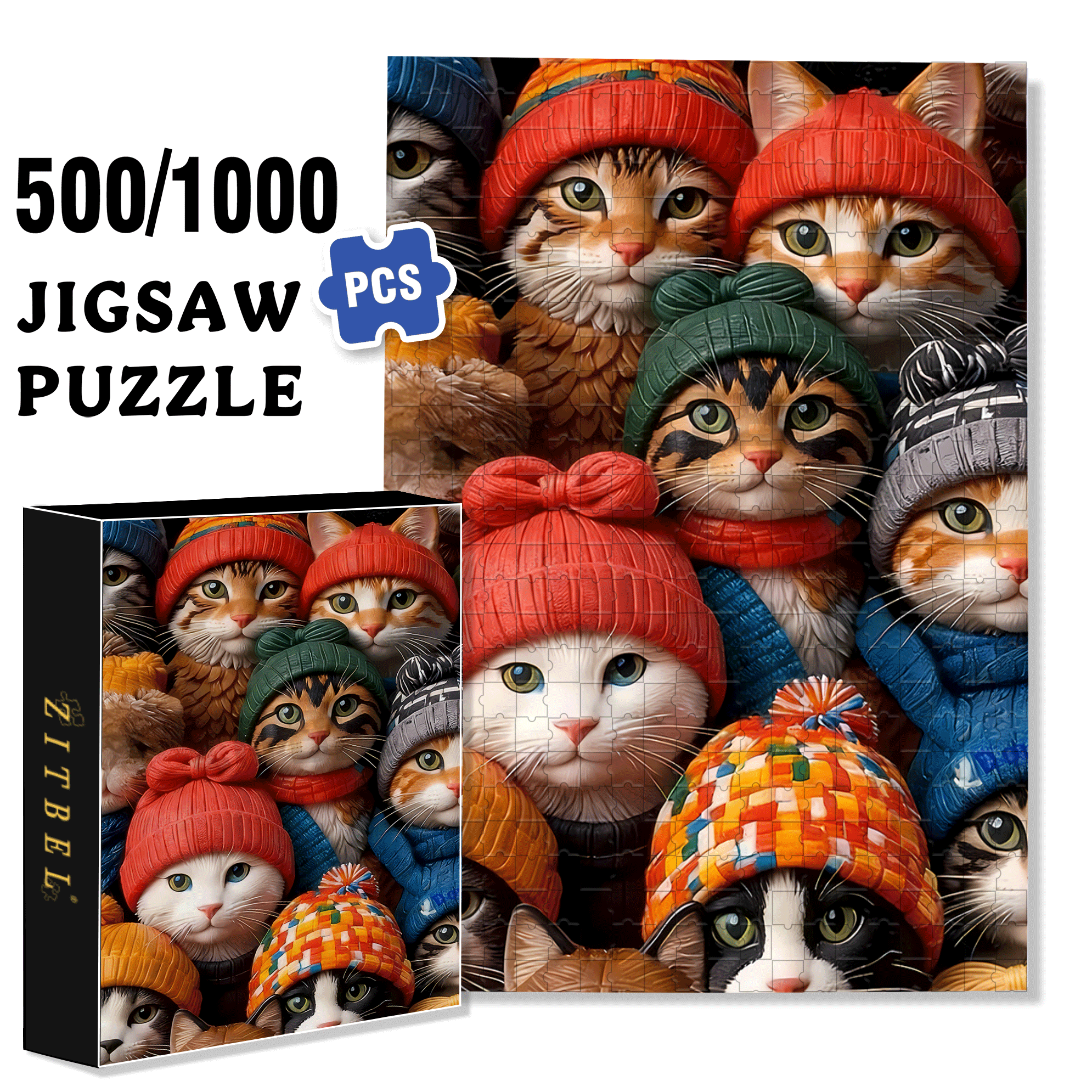 Fluffy hats And warm Cat Gatherings 500pcs/1000pcs Jigsaw Puzzle, Scratch-Resistant, Interactive Family Game & Brain-Boosting DIY Decor, Perfect for Halloween, Christmas & New Year Gifts, Family Puzzle Game