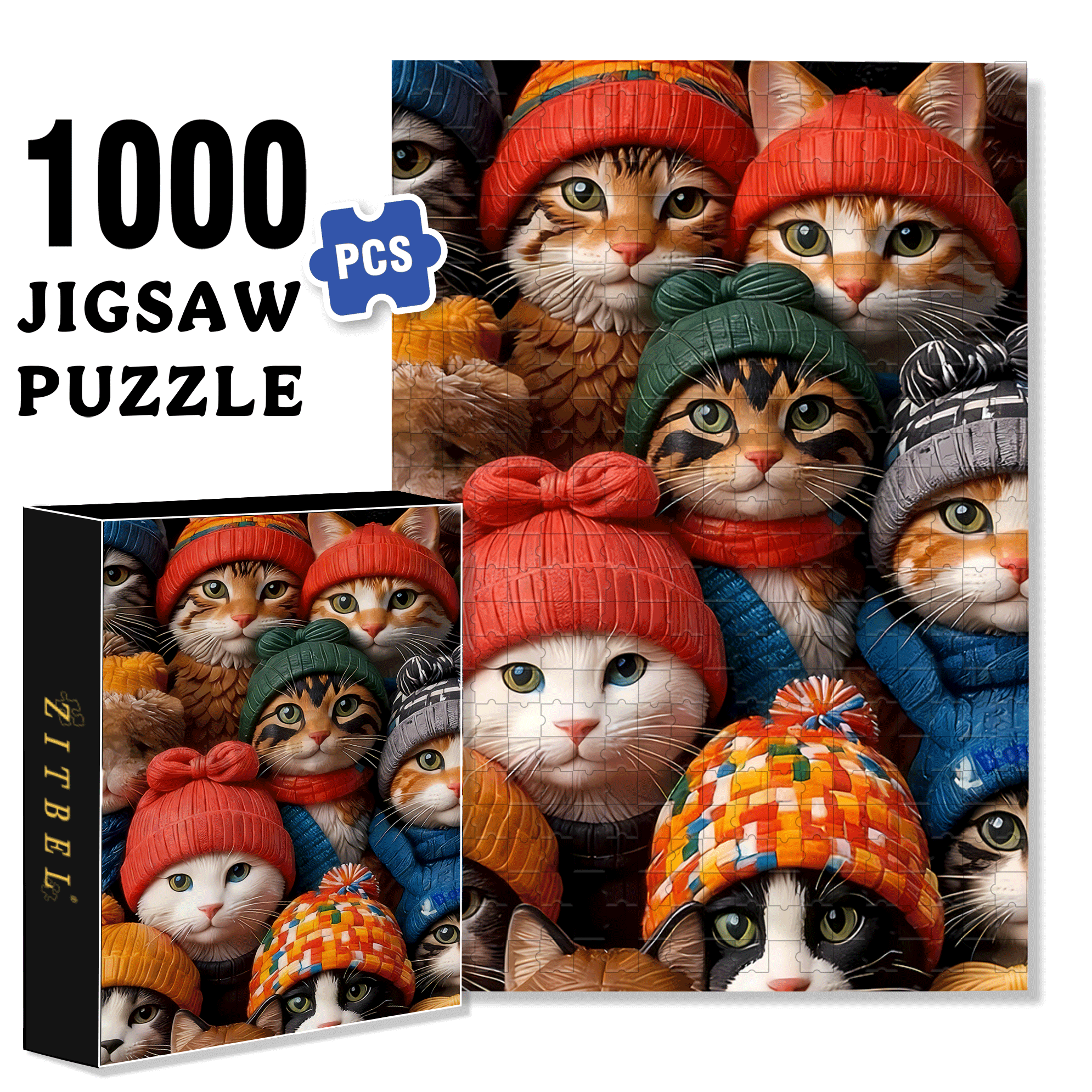 Fluffy hats And warm Cat Gatherings 500pcs/1000pcs Jigsaw Puzzle, Scratch-Resistant, Interactive Family Game & Brain-Boosting DIY Decor, Perfect for Halloween, Christmas & New Year Gifts, Family Puzzle Game