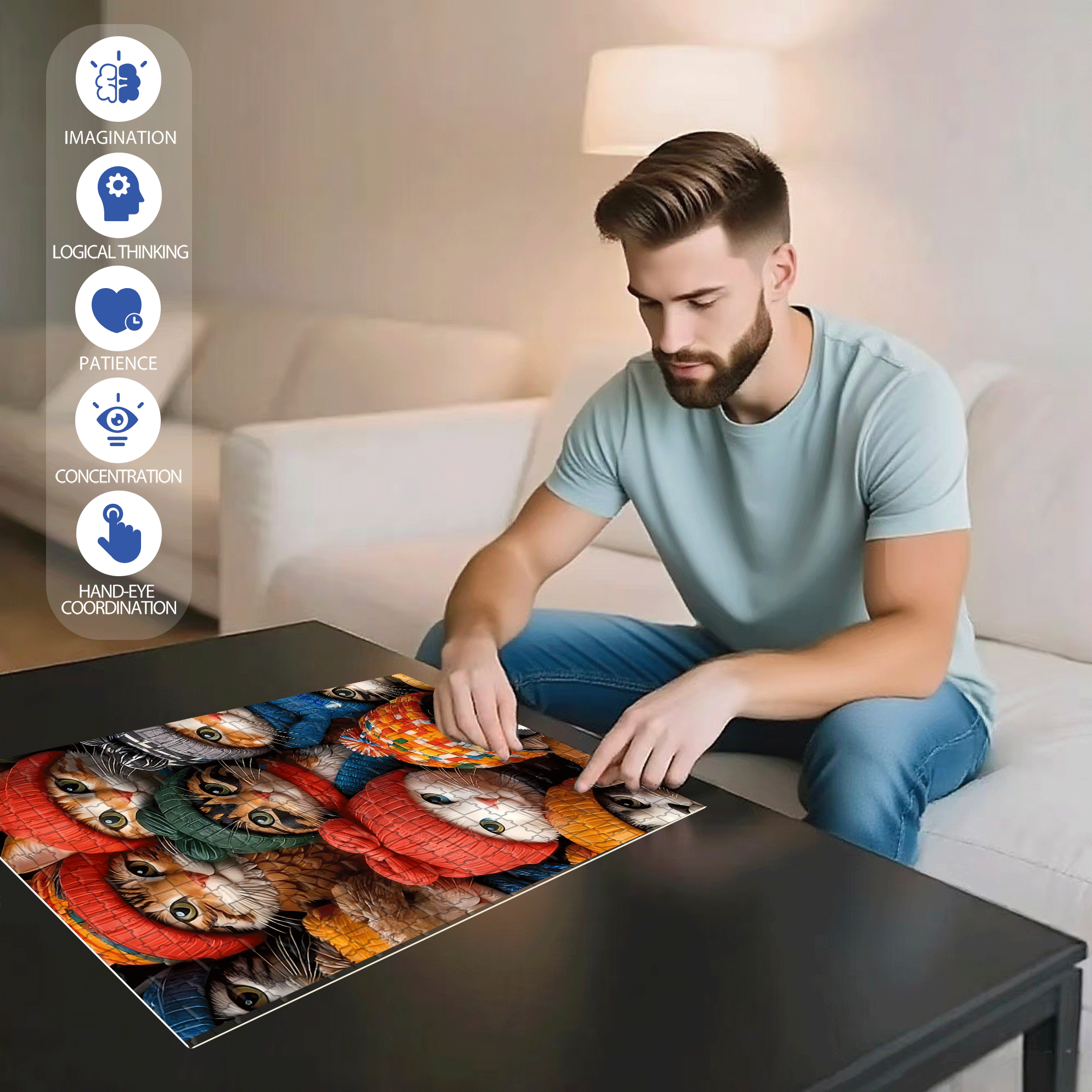 Fluffy hats And warm Cat Gatherings 500pcs/1000pcs Jigsaw Puzzle, Scratch-Resistant, Interactive Family Game & Brain-Boosting DIY Decor, Perfect for Halloween, Christmas & New Year Gifts, Family Puzzle Game