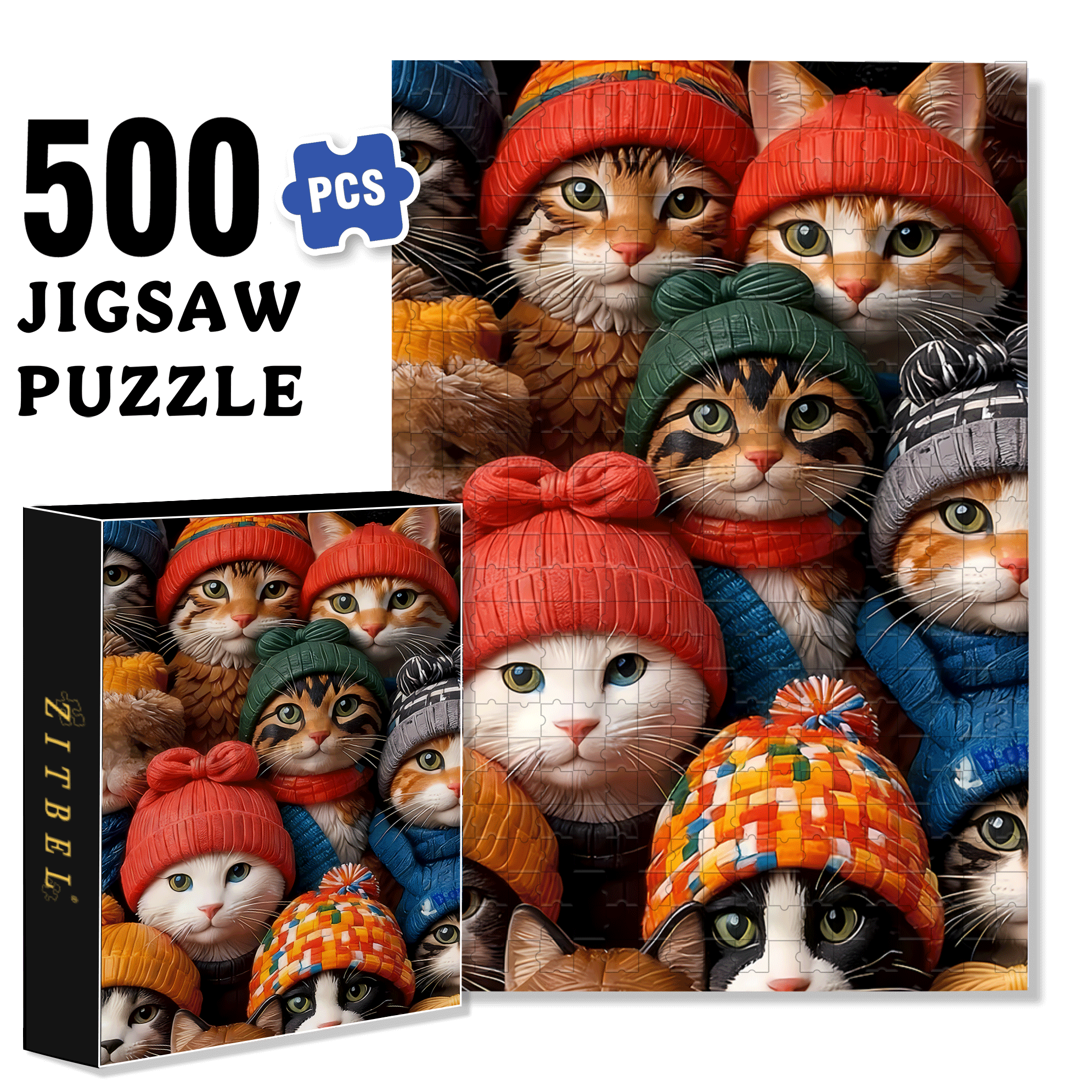 Fluffy hats And warm Cat Gatherings 500pcs/1000pcs Jigsaw Puzzle, Scratch-Resistant, Interactive Family Game & Brain-Boosting DIY Decor, Perfect for Halloween, Christmas & New Year Gifts, Family Puzzle Game