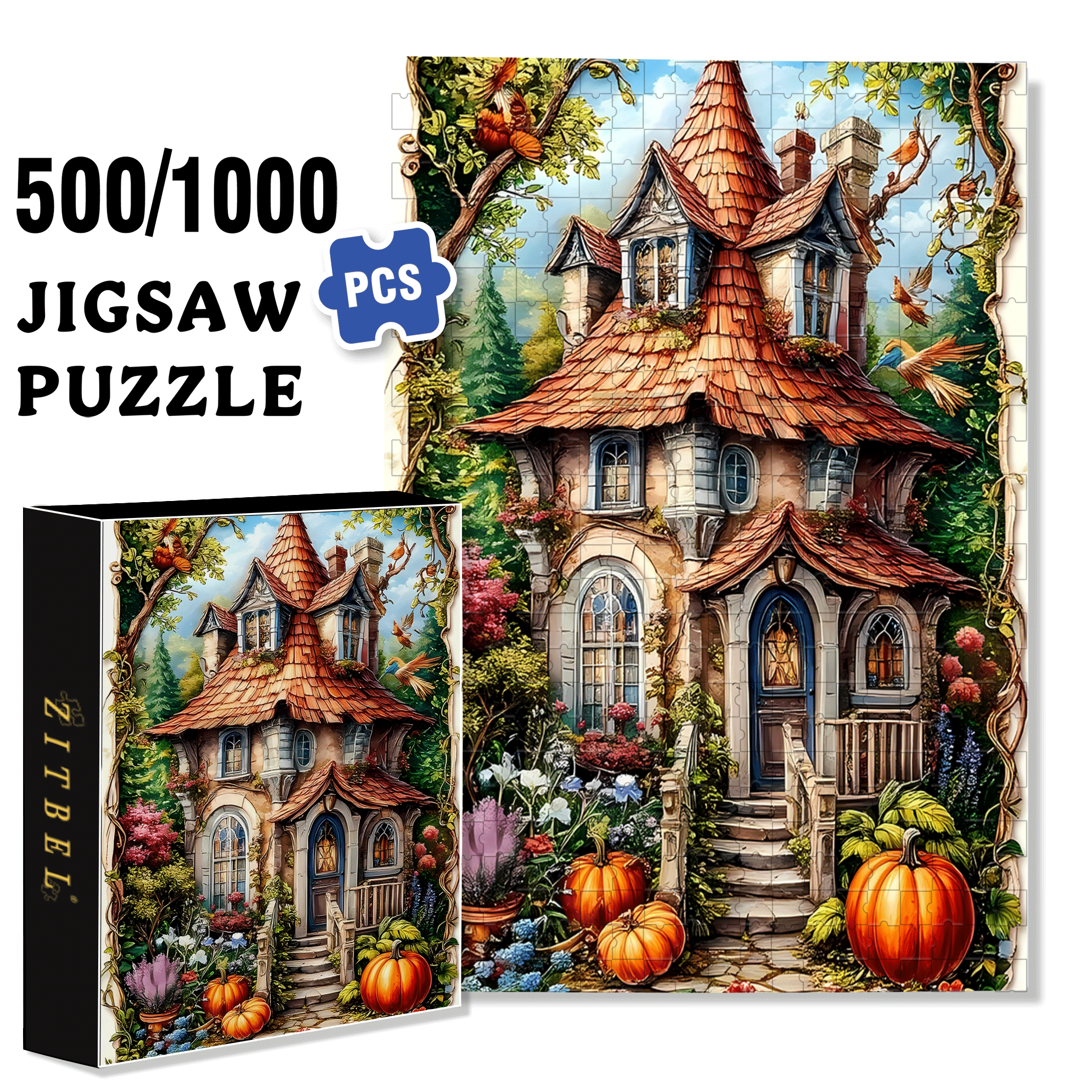 Forest Pumpkin Cottage 500pcs/1000pcs Jigsaw Puzzle, Scratch-Resistant, Interactive Family Game & Brain-Boosting DIY Decor, Perfect for Halloween, Christmas & New Year Gifts, Family Puzzle Game