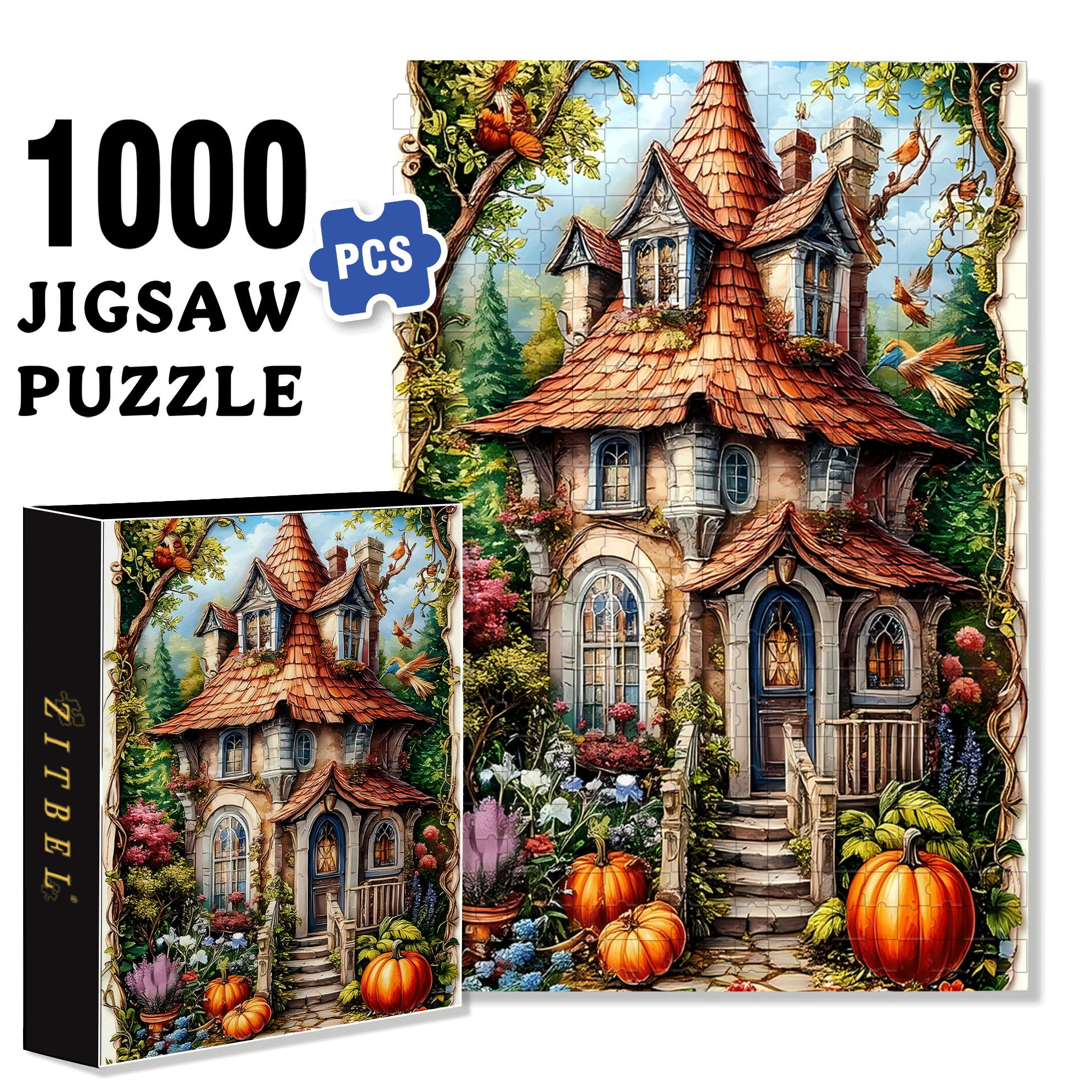 Forest Pumpkin Cottage 500pcs/1000pcs Jigsaw Puzzle, Scratch-Resistant, Interactive Family Game & Brain-Boosting DIY Decor, Perfect for Halloween, Christmas & New Year Gifts, Family Puzzle Game