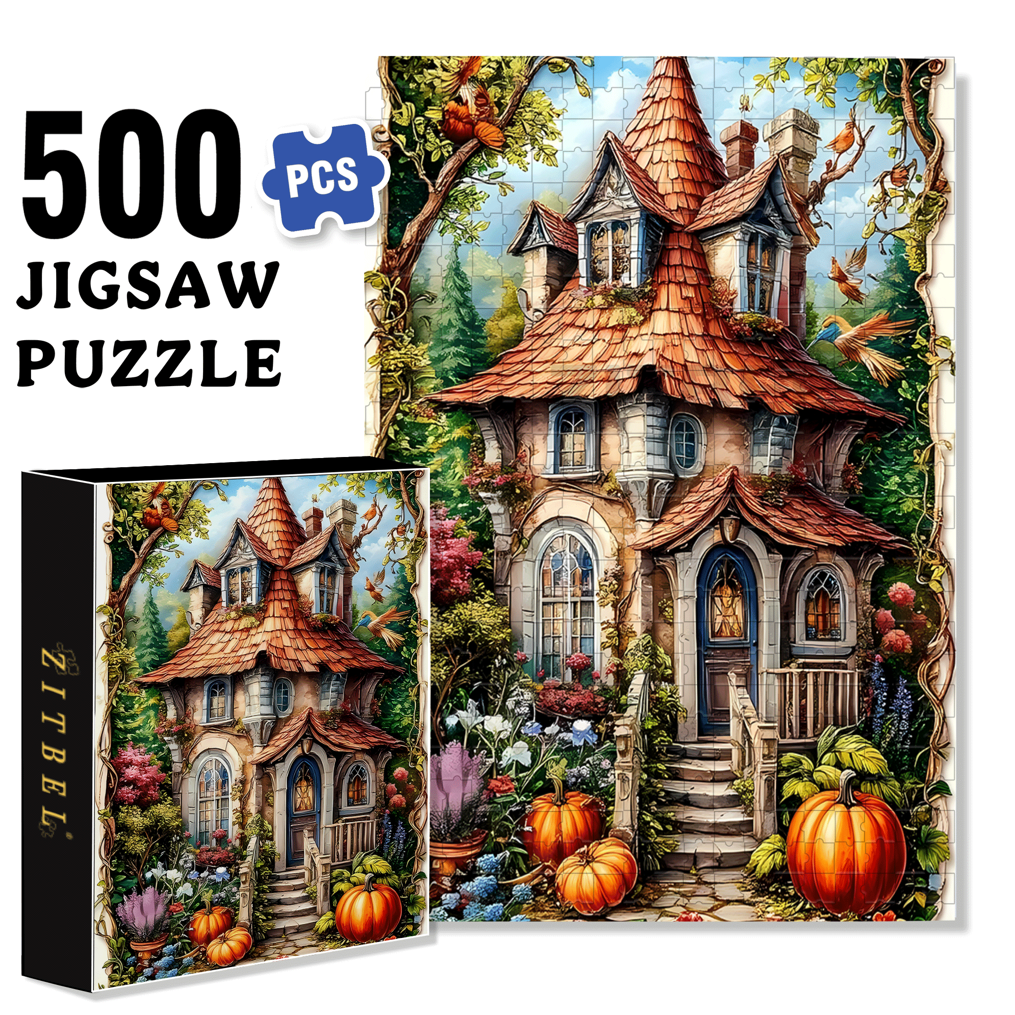 Forest Pumpkin Cottage 500pcs/1000pcs Jigsaw Puzzle, Scratch-Resistant, Interactive Family Game & Brain-Boosting DIY Decor, Perfect for Halloween, Christmas & New Year Gifts, Family Puzzle Game