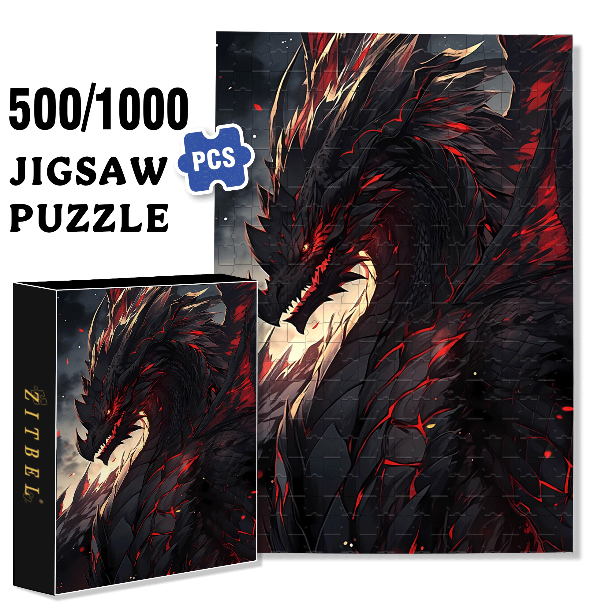 Furious Black Dragon 500pcs/1000pcs Jigsaw Puzzle, Scratch-Resistant, Interactive Family Game & Brain-Boosting DIY Decor, Perfect for Halloween, Christmas & New Year Gifts, Family Puzzle Game
