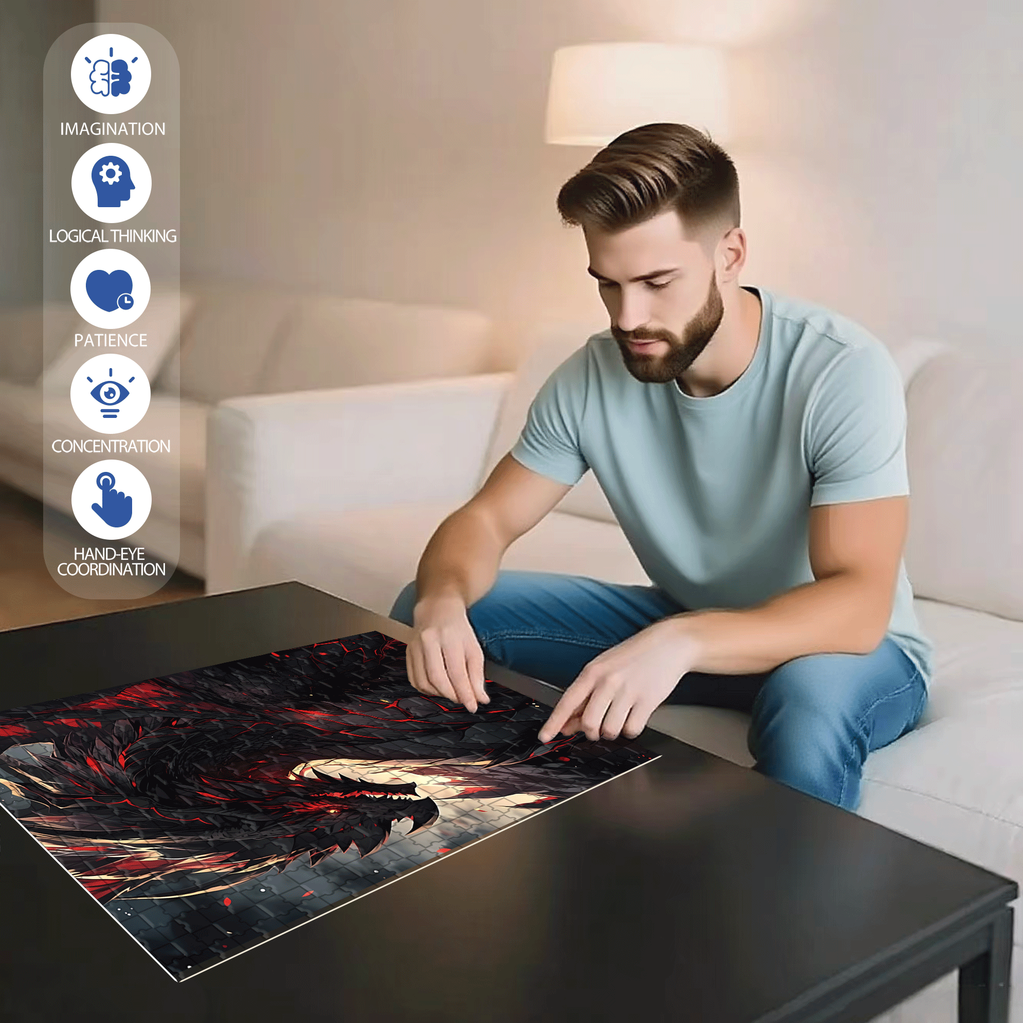 Furious Black Dragon 500pcs/1000pcs Jigsaw Puzzle, Scratch-Resistant, Interactive Family Game & Brain-Boosting DIY Decor, Perfect for Halloween, Christmas & New Year Gifts, Family Puzzle Game