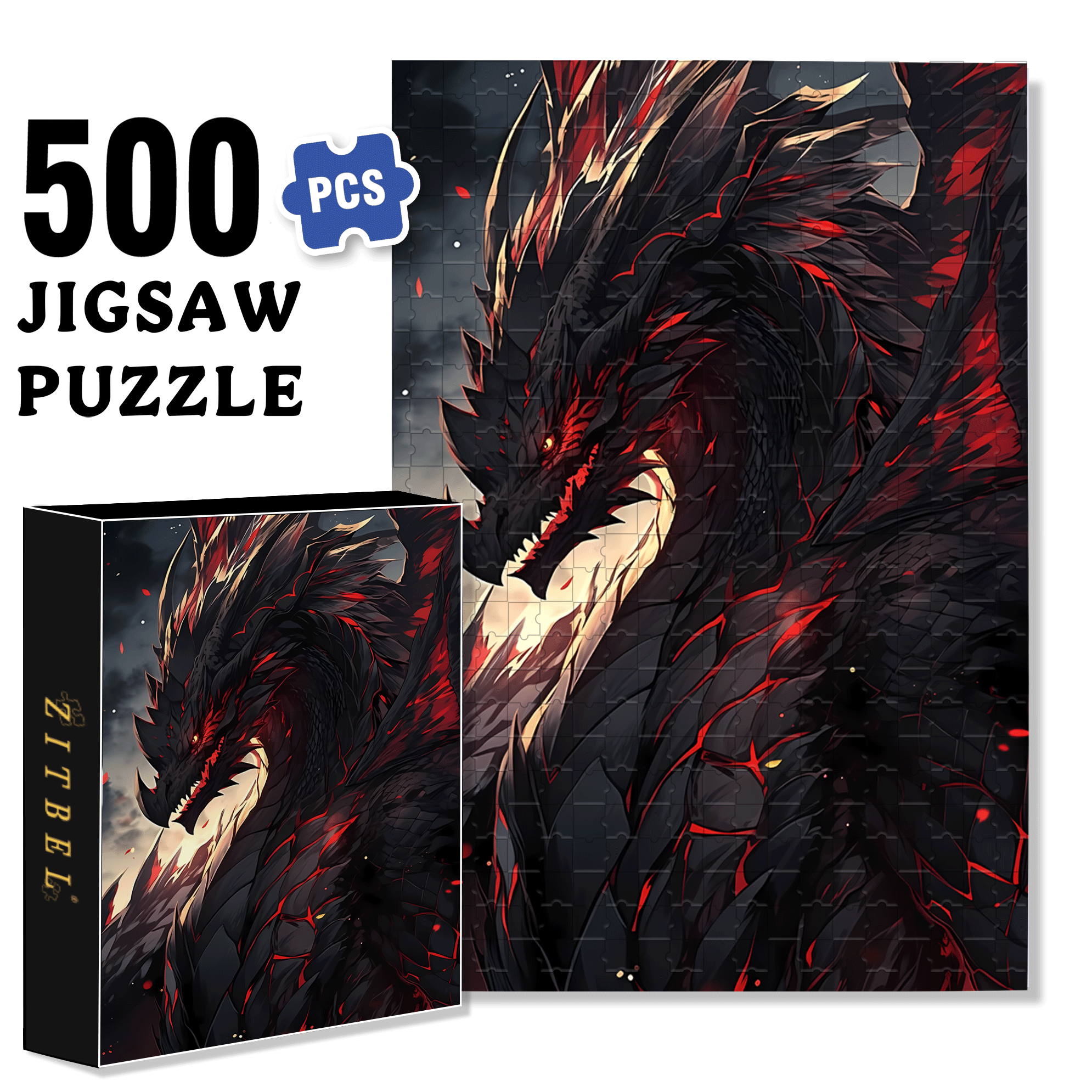 Furious Black Dragon 500pcs/1000pcs Jigsaw Puzzle, Scratch-Resistant, Interactive Family Game & Brain-Boosting DIY Decor, Perfect for Halloween, Christmas & New Year Gifts, Family Puzzle Game